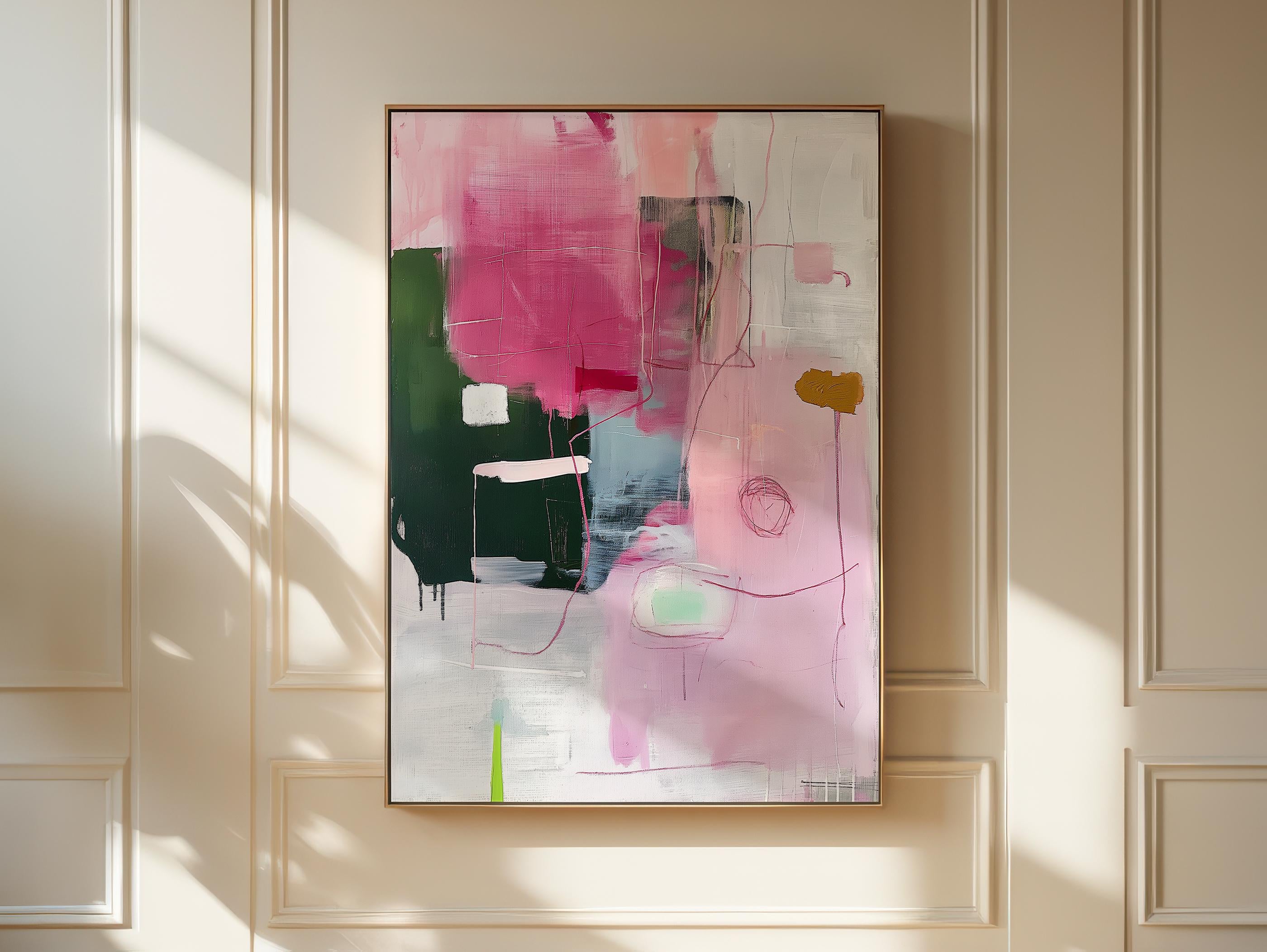Framed Canvas Print Wall Art Pink & Green Blocks Abstract Geometric Illustrations Mid Century Modern Art Minimalist Decor | Aurora Muse 340