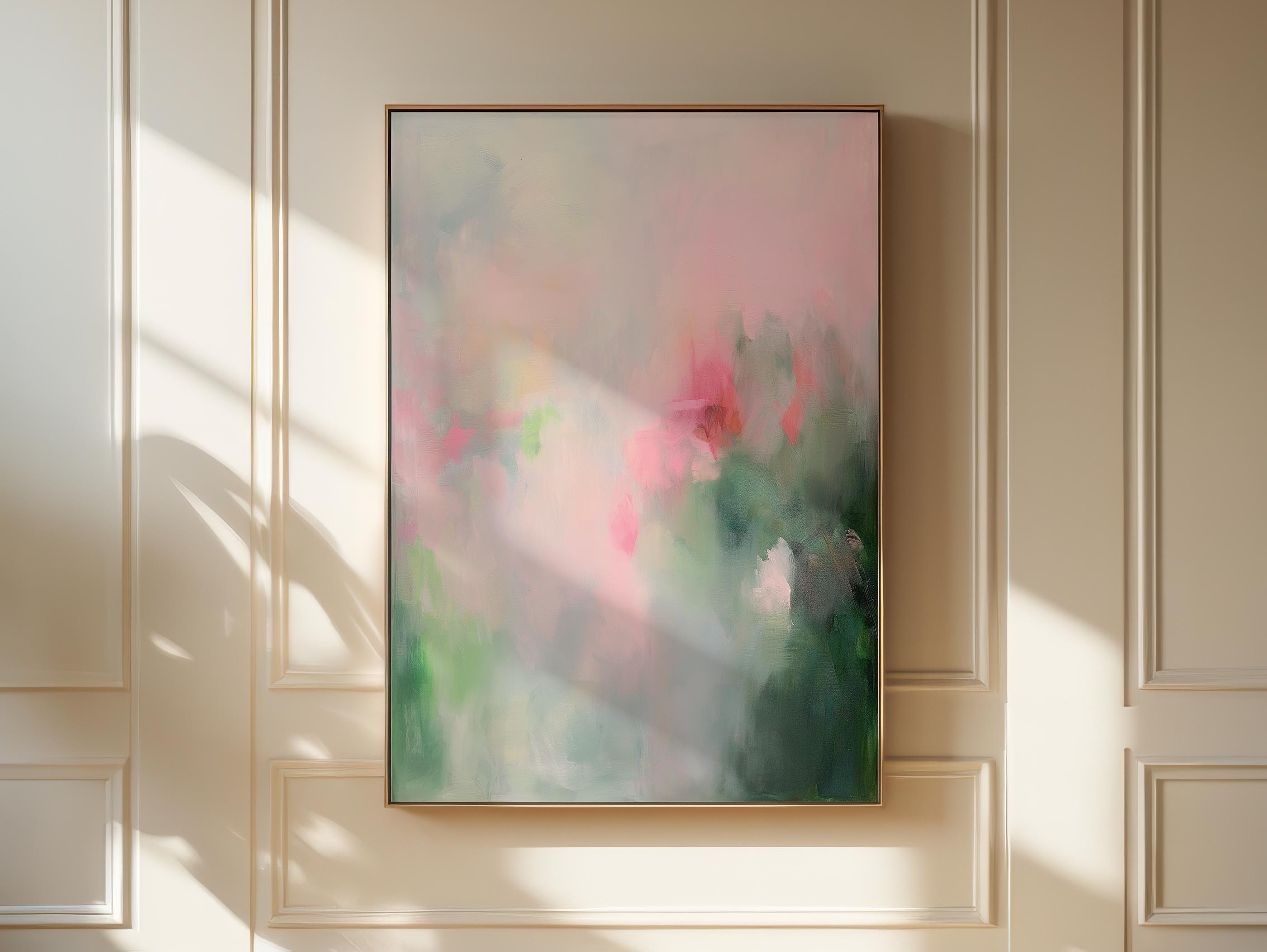Light pink magenta green abstract artwork, Modern textured abstract painting print, Eclectic wall decor | 386