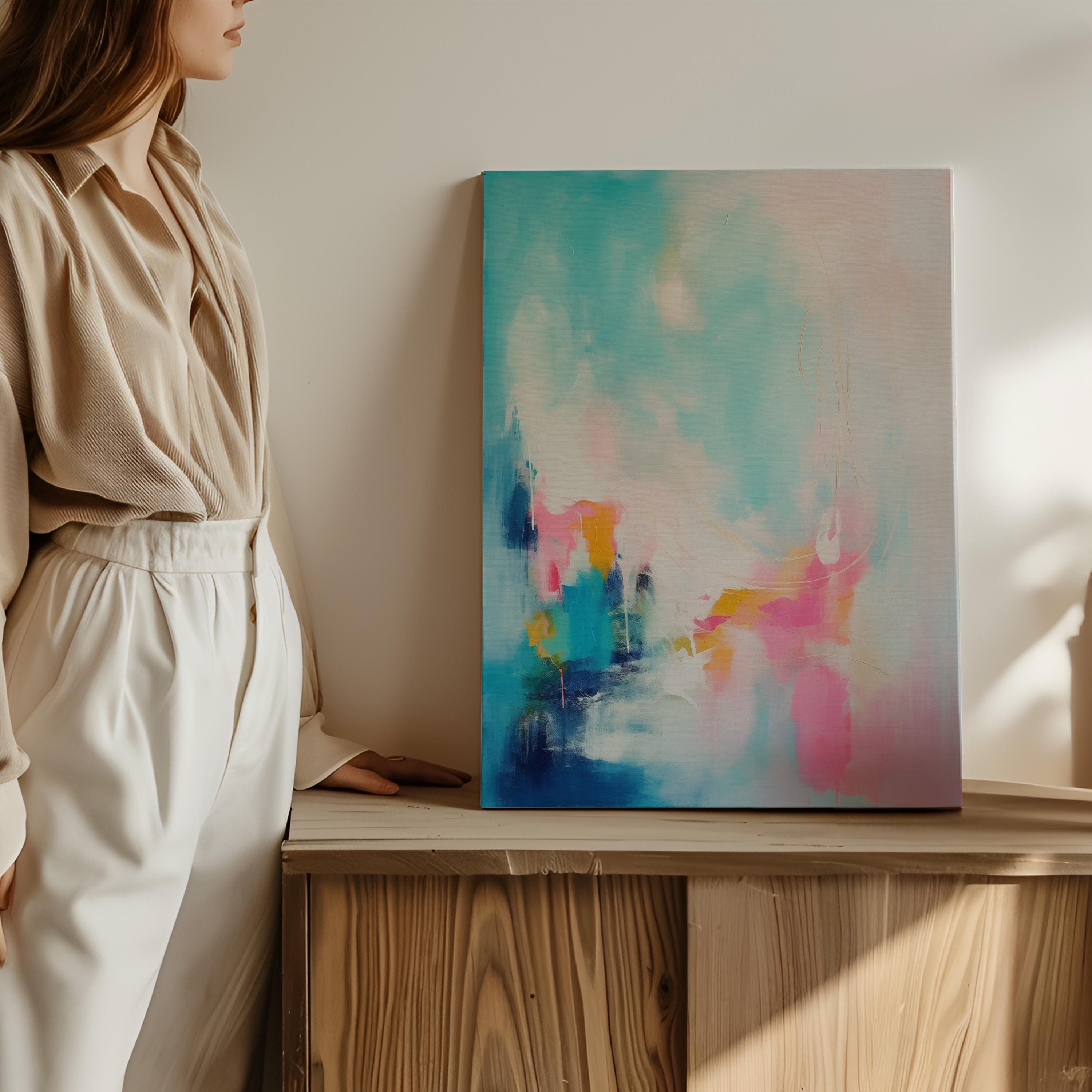 Teal Pink Wall Art Vertical Abstract Canvas Painting Large Framed Decor Art Modern Colorful Statement for Living Room & Office | 058
