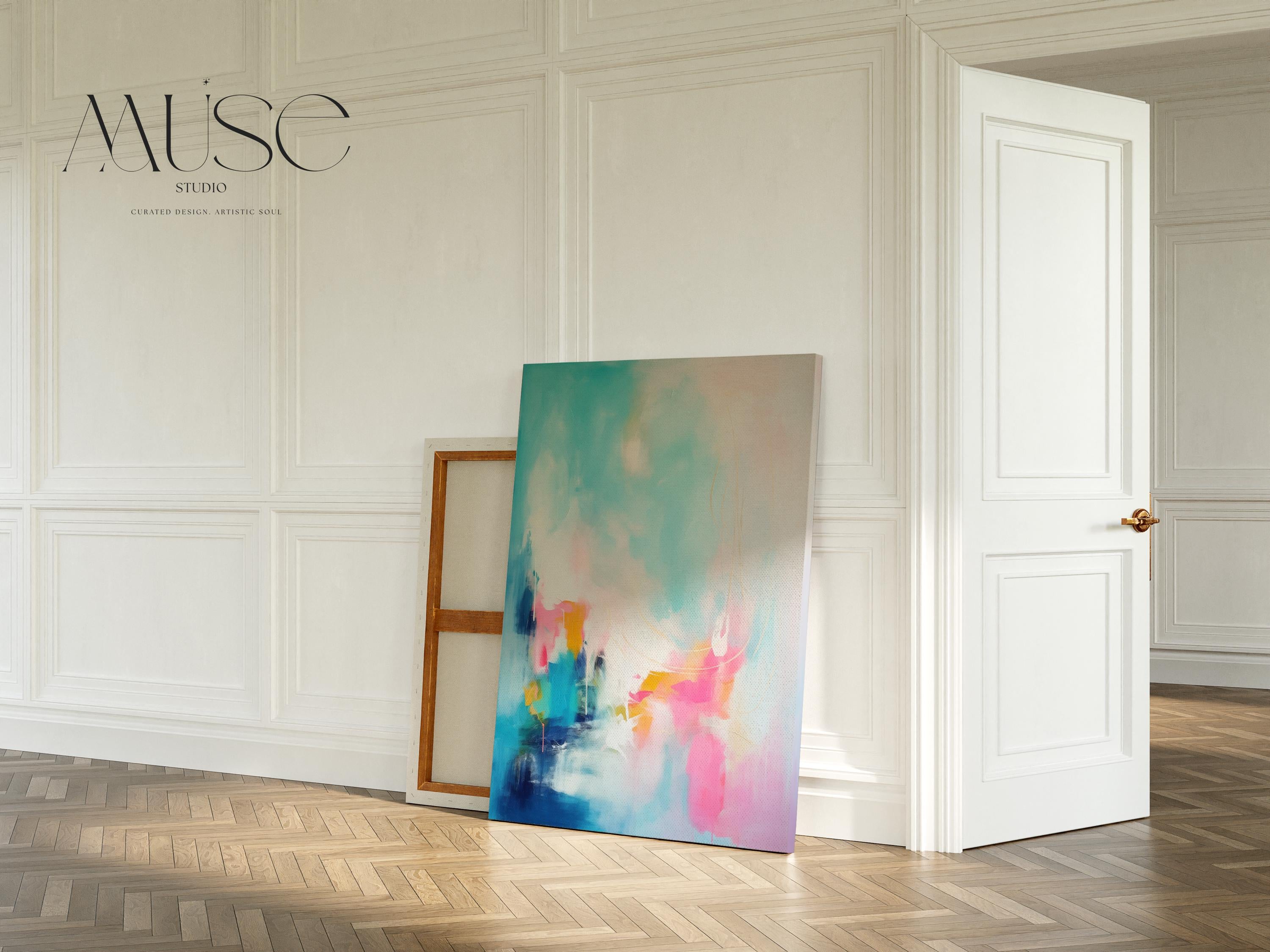 Teal Pink Wall Art Vertical Abstract Canvas Painting Large Framed Decor Art Modern Colorful Statement for Living Room & Office | 058