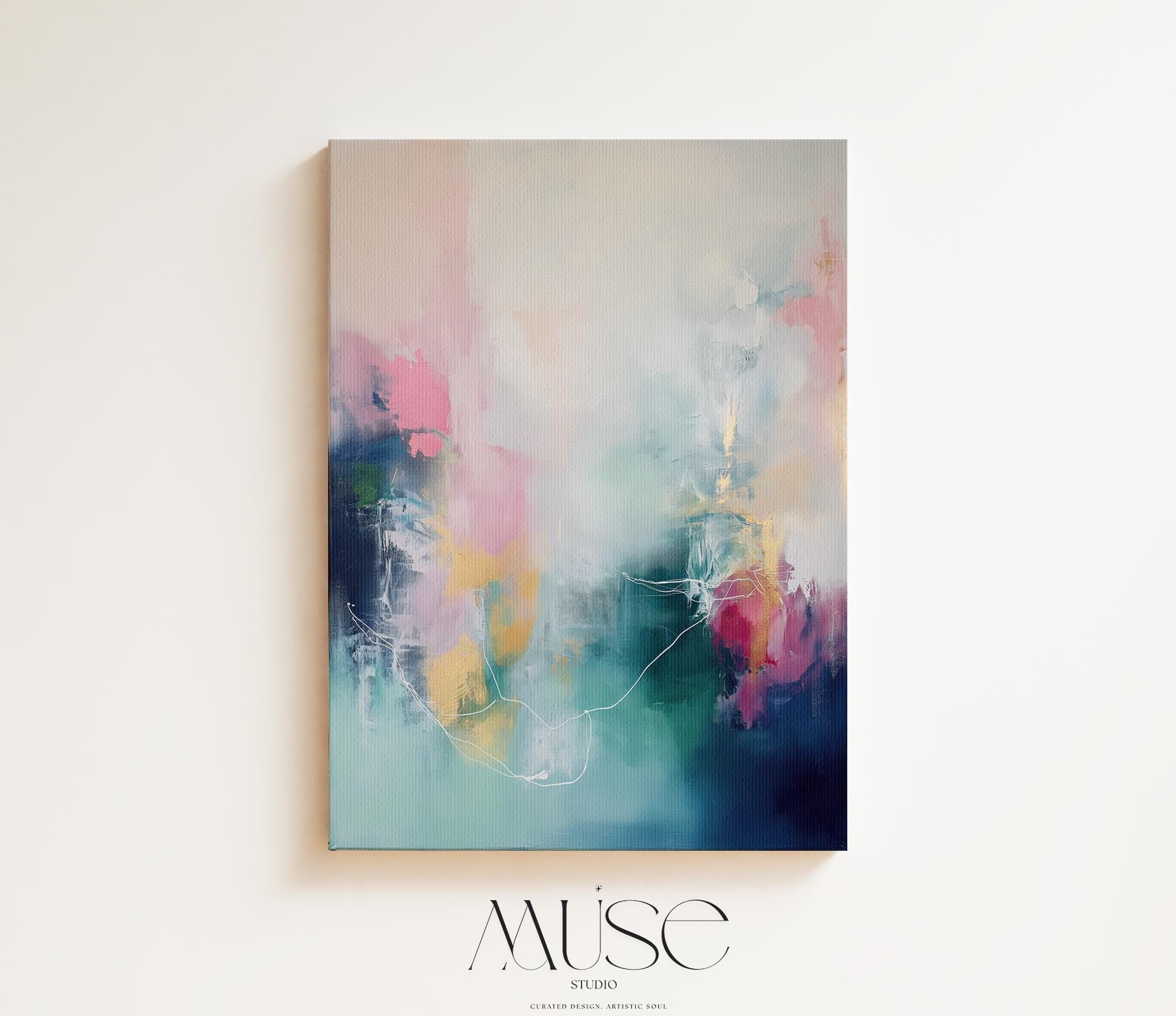 Vertical Abstract Canvas Art in Pink, Teal, and Gold, Modern Wall Decor for Living Room Office, Large Statement Art for Home Styling 202