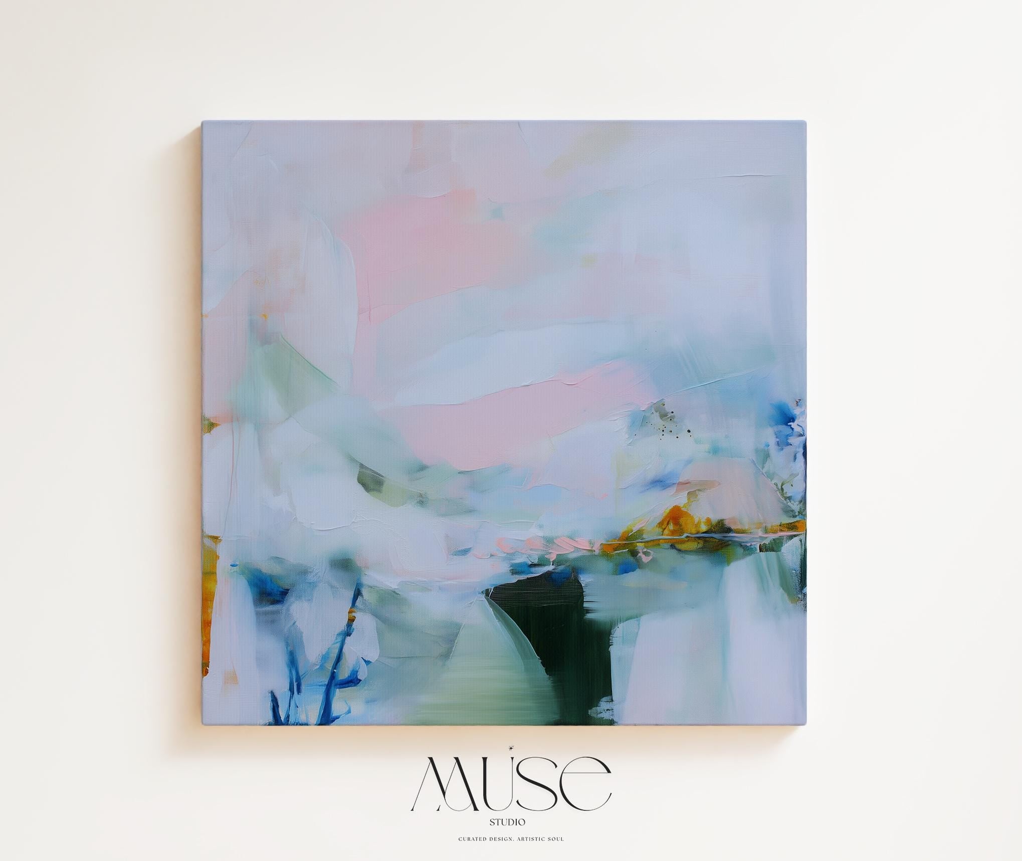 Soft Square Canvas Art in Light Blue Pink and Green, Minimal Abstract Wall Decor for Bedroom Office, Calm Contemporary Statement Artwork 420