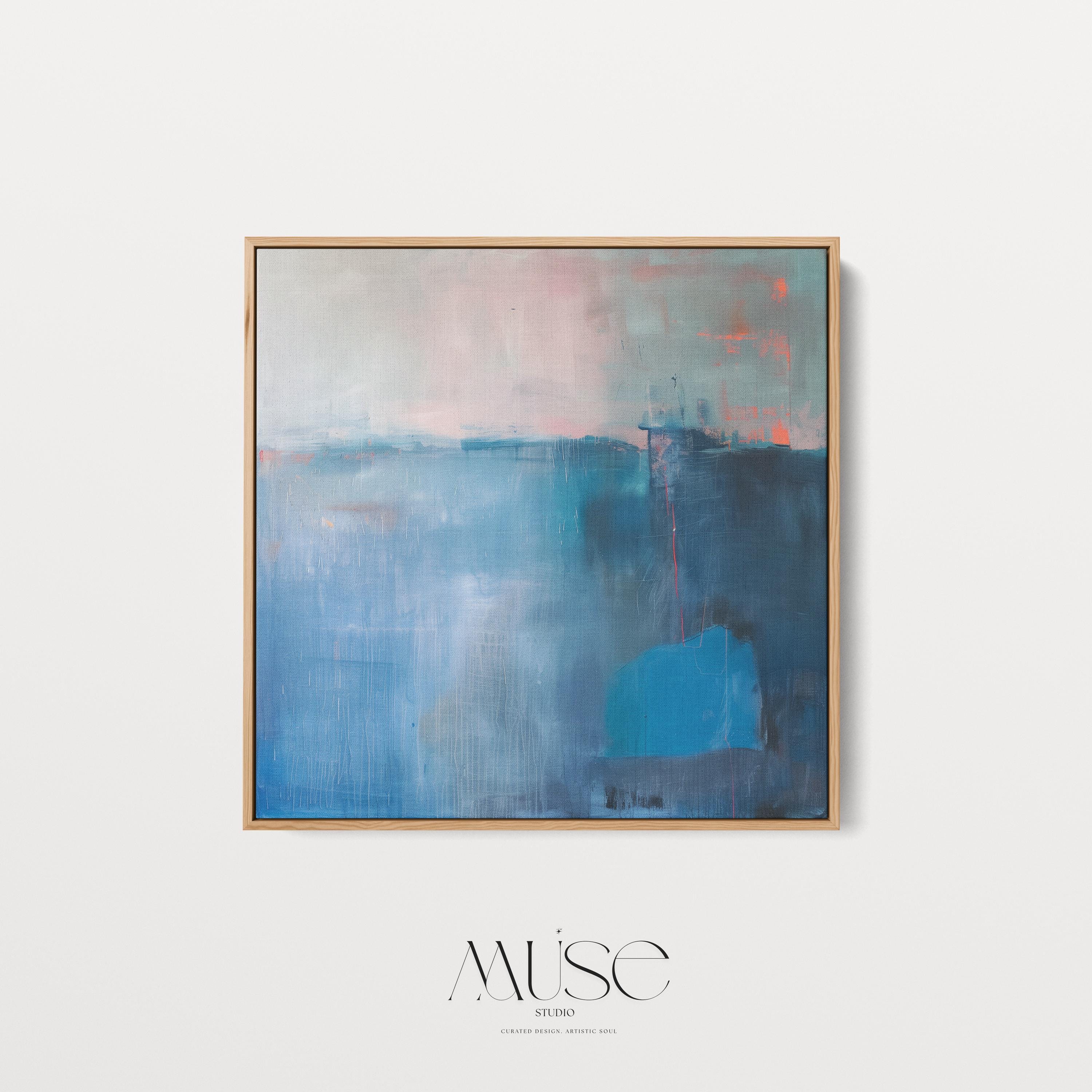 Framed Canvas Wall Art Blue Abstract Painting with Warm Neutrals Modern Transitional Decor Soft Contemporary Style for Living Room 403