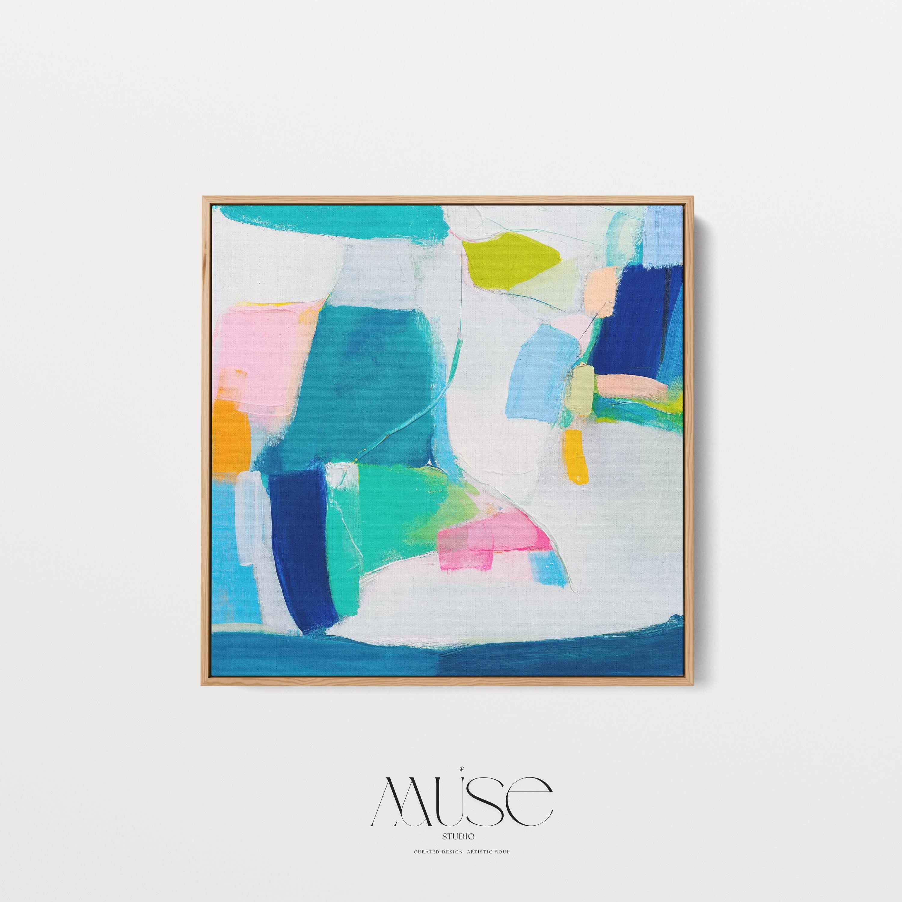 Abstract Color Block Wall Art Teal Blue Pink and Citrus Framed Canvas Bold Geometric Style Modern Living Room Decor Art Square 478
