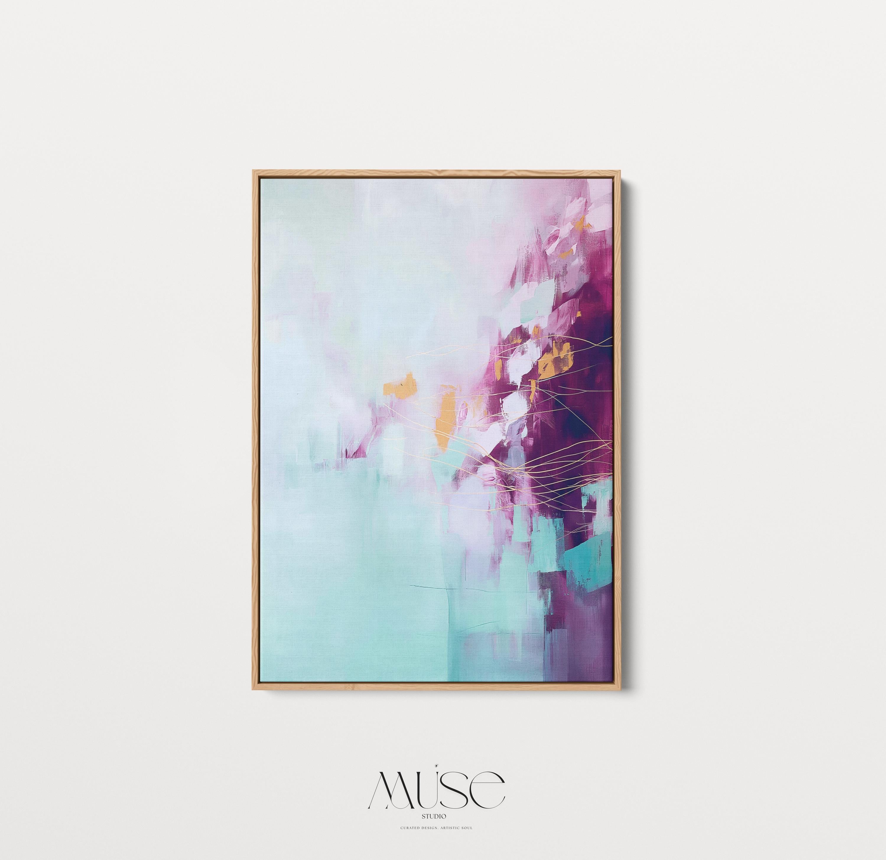 Framed Wall Art Vertical Abstract Violet and Aqua Canvas Bold Soft Spring Botanical Painting Bedroom Entry or Above Bed Modern Decor Art 480