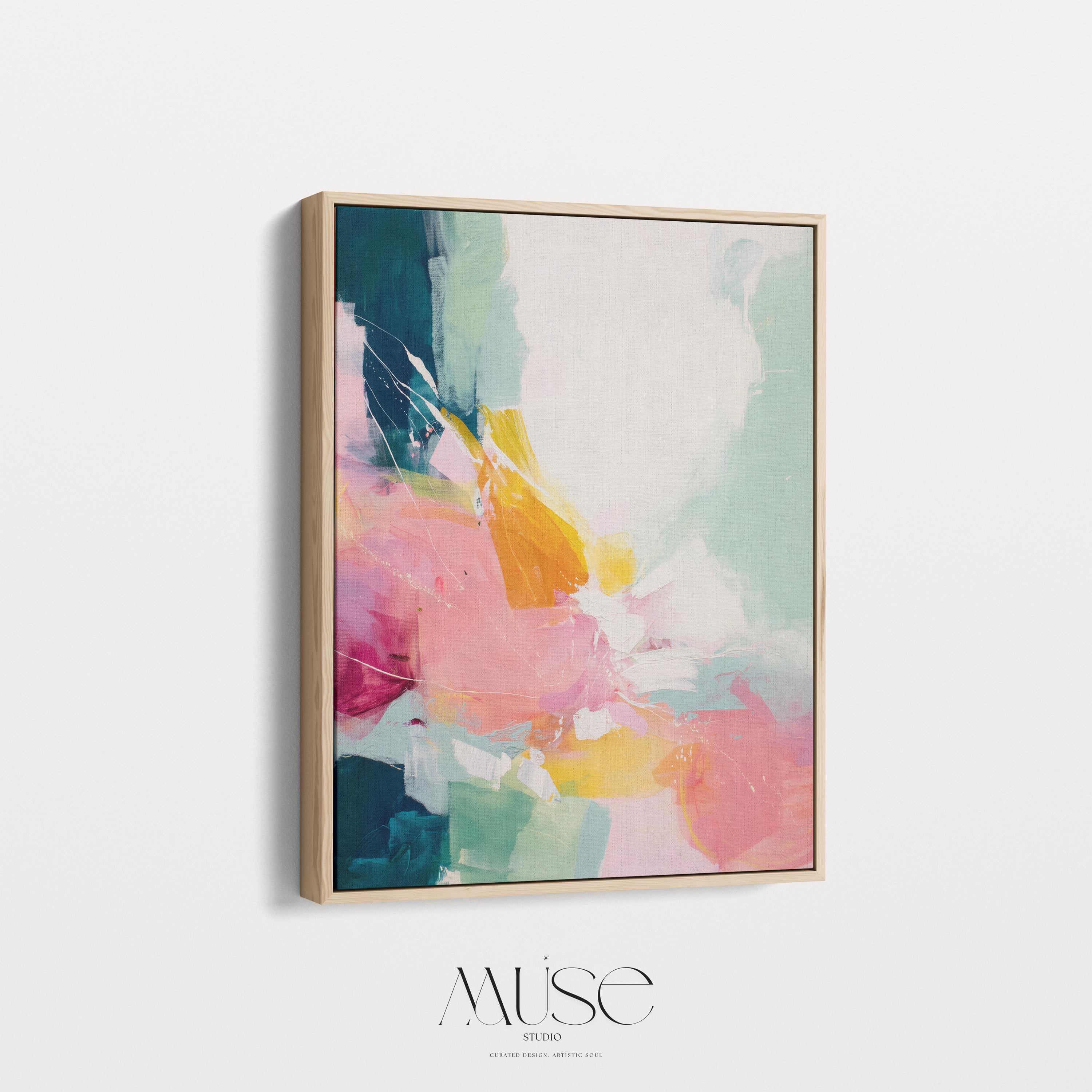 Framed abstract wall art pink teal and yellow painting soft contemporary color pop vertical canvas for bedroom or entryway decor 495