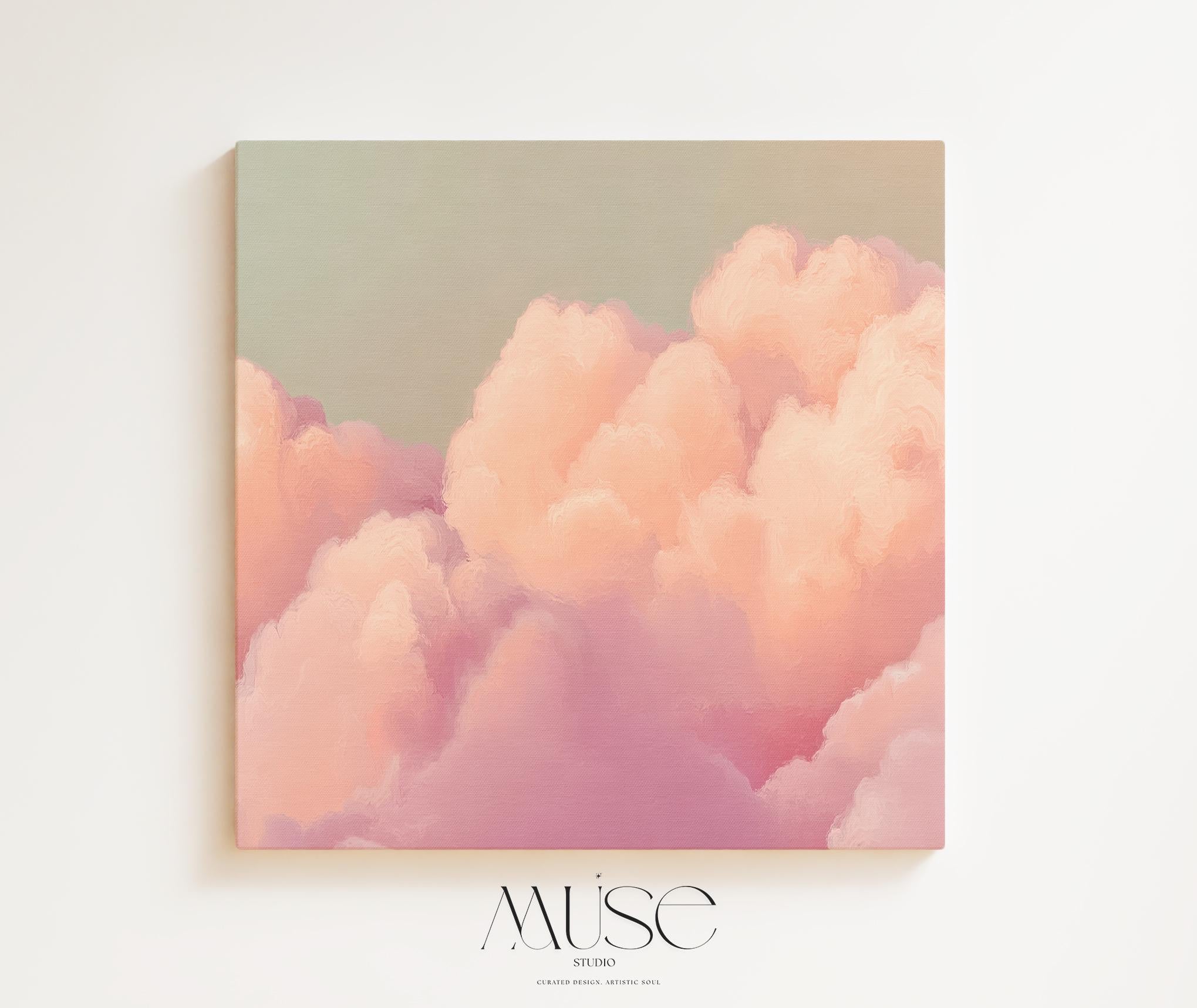 Canvas Wall Art Pink Clouds • Blush Peach Mint • Soft Pastel Muted Abstract • Dreamy Bedroom XL Oversized Wall Decor • by Muse Studio 499
