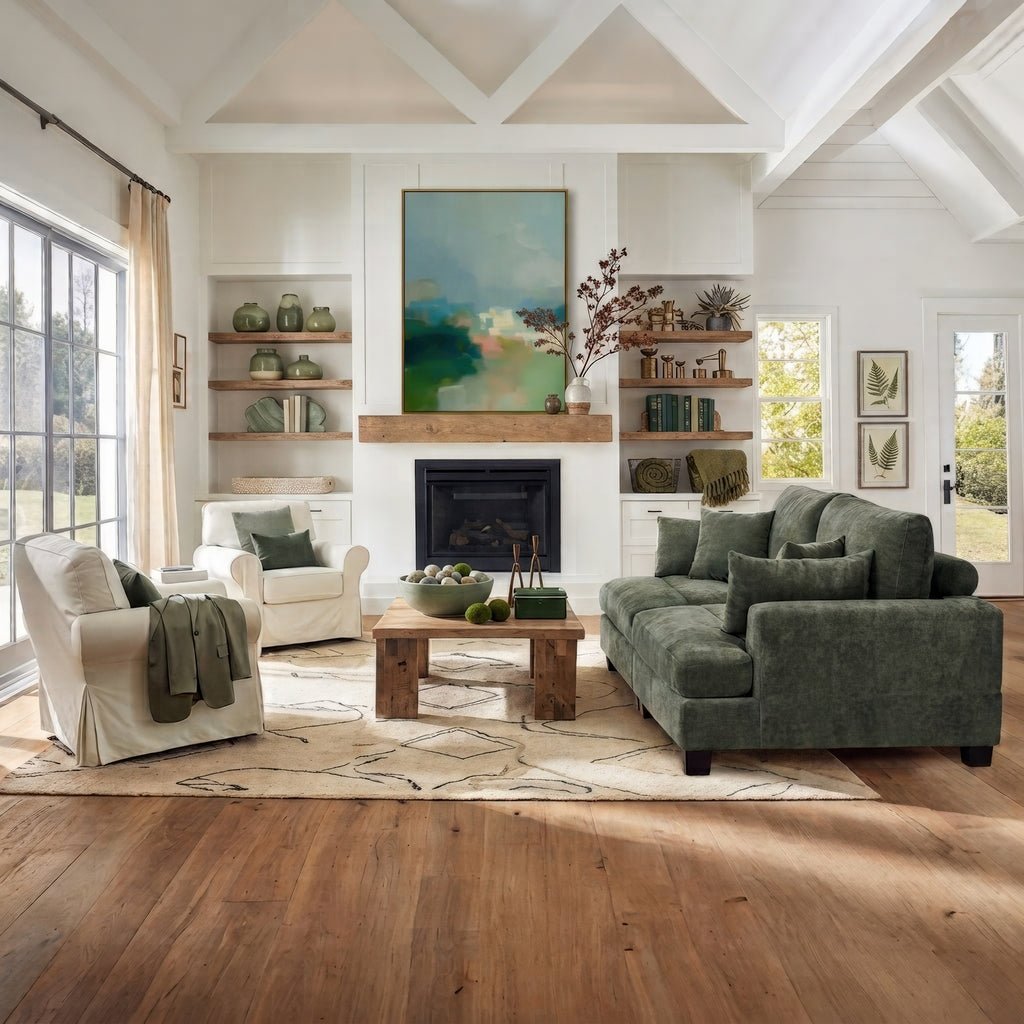 This modern farmhouse living room blends rustic character with clean lines to create a relaxed, comforting mood. Elements like a vaulted white ceiling and wood floors establish a cozy warmth, while clean, neutral-toned walls maintain a modern feel. Plush sage green and cream upholstery, alongside abundant greenery, enhance the tranquil and inviting atmosphere of the space.