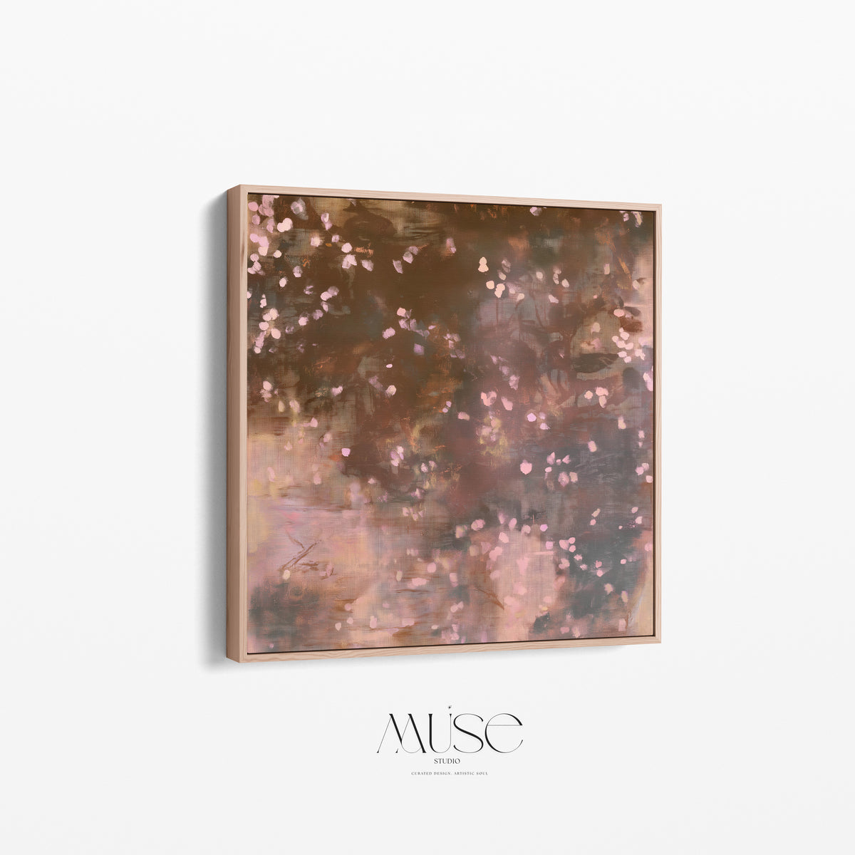 Framed square canvas art, earthy brown moody botanical print Oaken Petal No. 1124 shot at an angle, highlighting the depth and architectural profile of the custom solid wood float frame