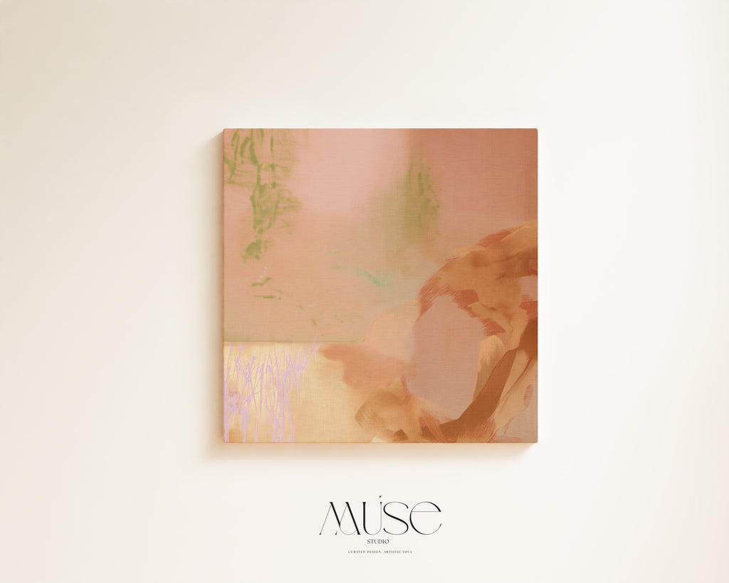 Square abstract canvas with peach, terracotta, cream and muted sage shapes displayed on an ivory wall