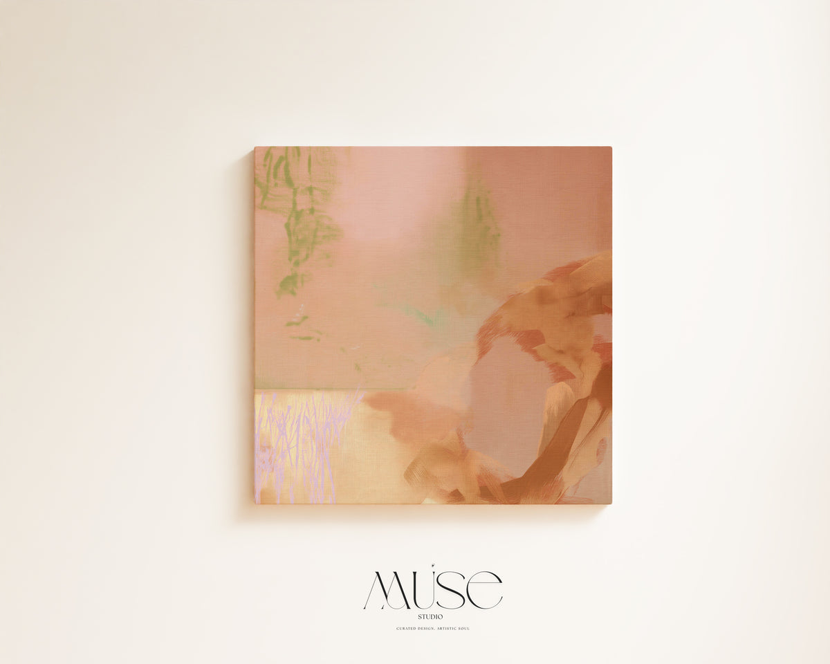 Square abstract canvas with peach, terracotta, cream and muted sage shapes displayed on an ivory wall