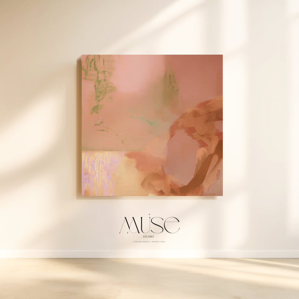 Terracotta and sage abstract canvas on a cream studio wall crossed by soft sunlight and shadows