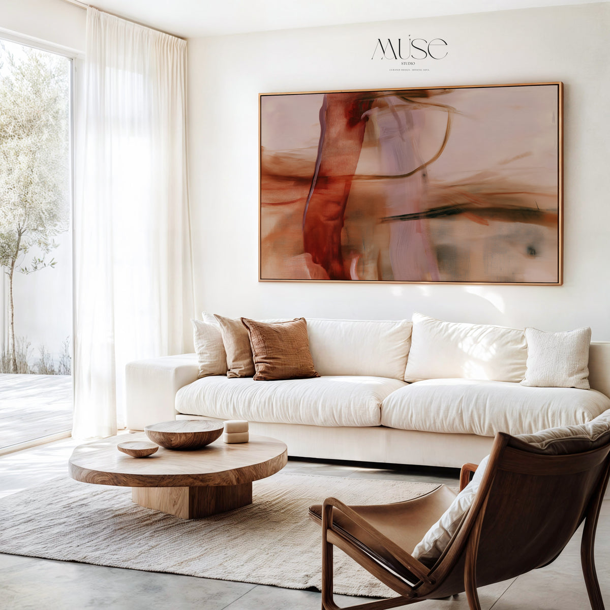 Quiet Passage No. 1161 framed abstract canvas above a neutral sectional sofa in a bright modern living room.