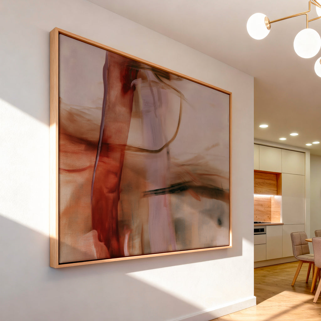 Quiet Passage No. 1161 framed abstract canvas displayed in a softly lit modern dining room.