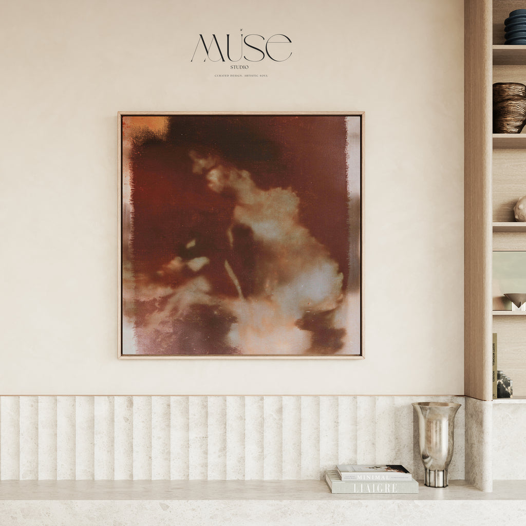 Wild Aurelia No. 1172 framed abstract floral canvas above a low wood media console in a minimalist living room.