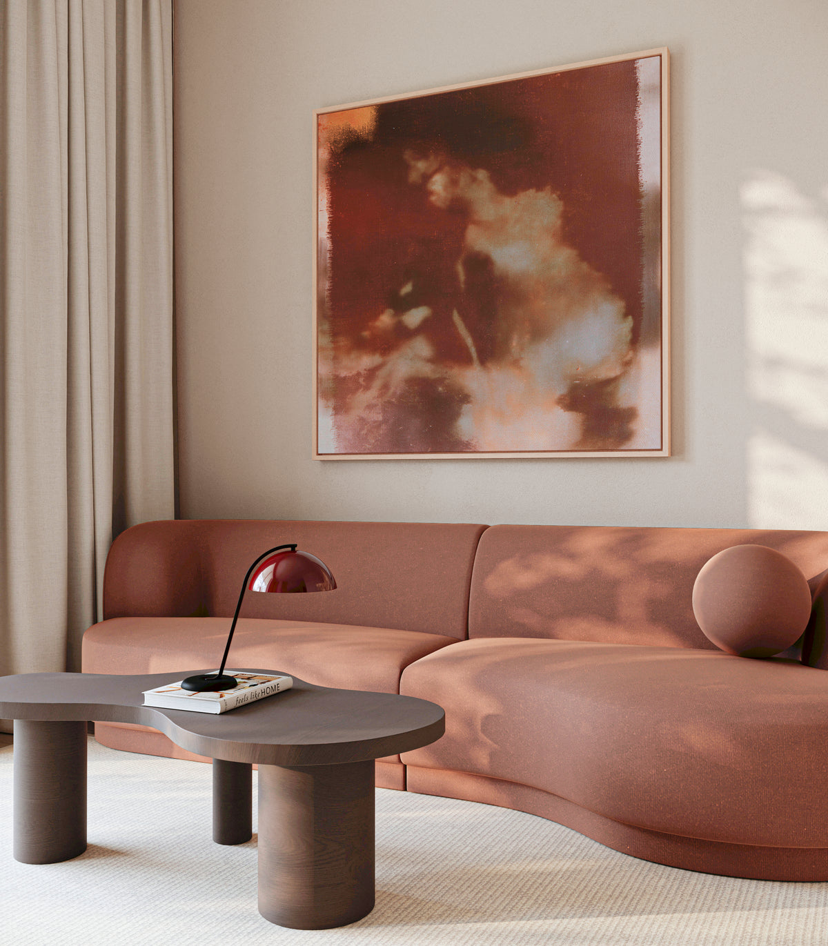 Wild Aurelia No. 1172 framed abstract floral canvas displayed above a rust-colored sofa in a modern living room.