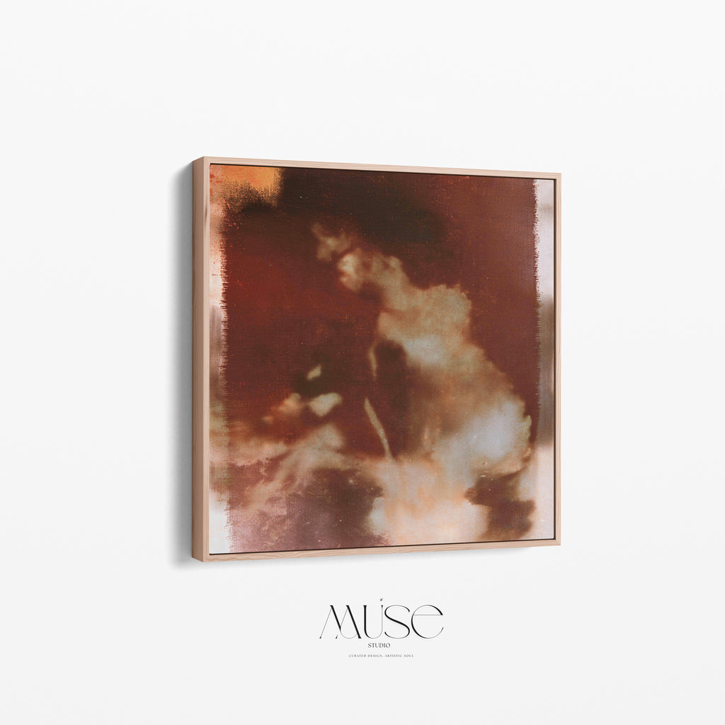 Angled view of Wild Aurelia No. 1172 abstract floral canvas in a light wood frame, showing the frame’s depth.