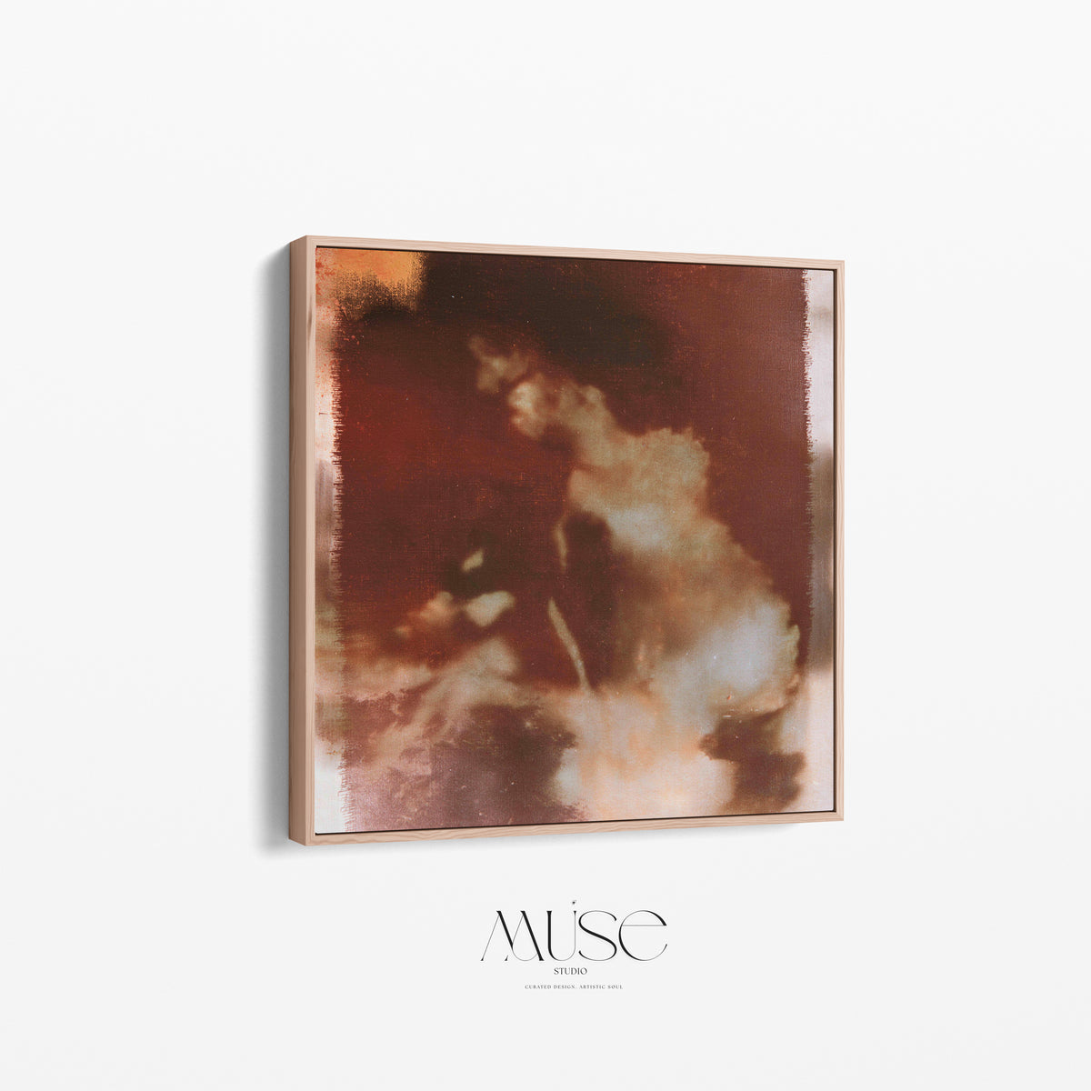 Angled view of Wild Aurelia No. 1172 abstract floral canvas in a light wood frame, showing the frame’s depth.