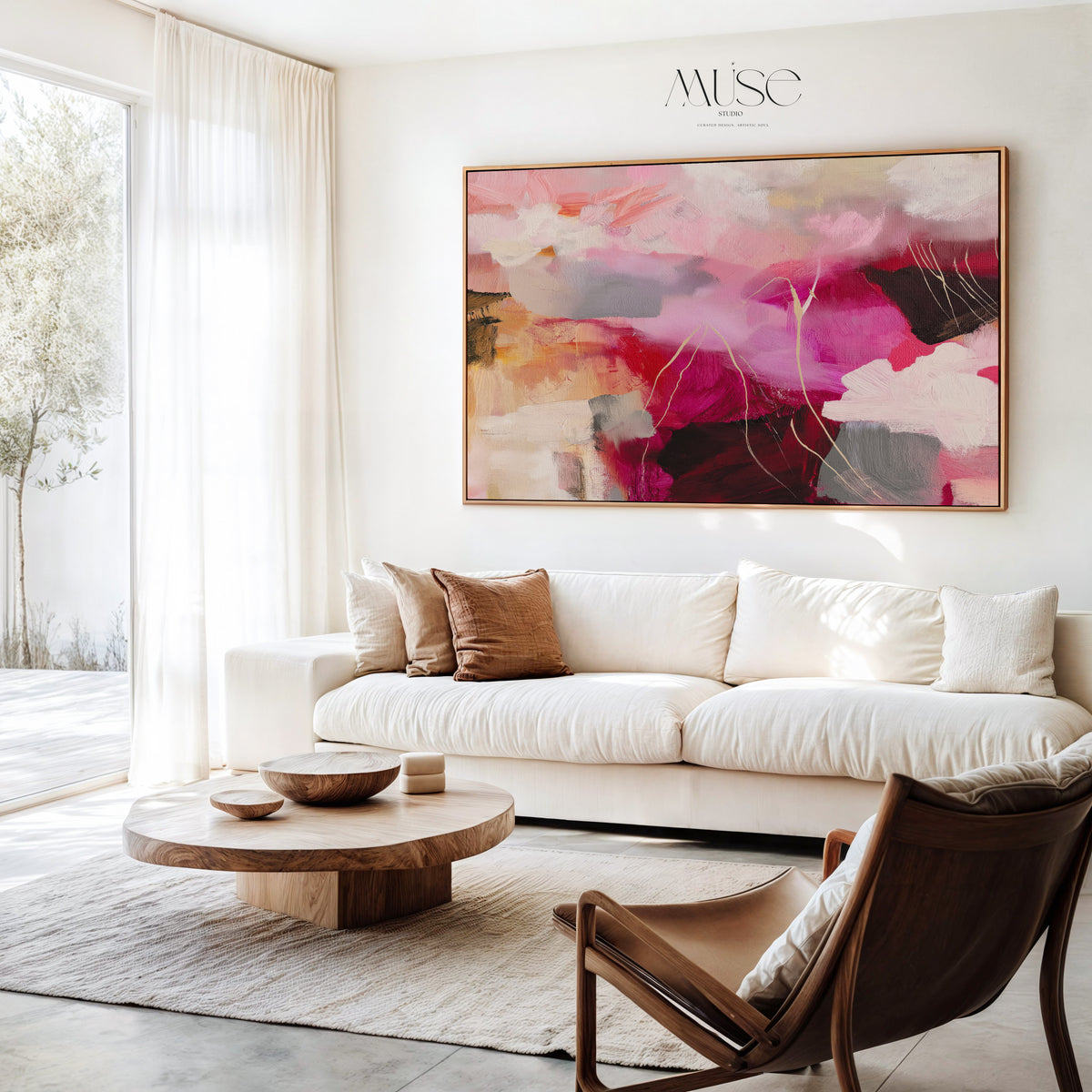 Large Autumn Abstract Wall Art in a Bright Living Room — Autumn Blush No. 514a hanging above a neutral sectional in a bright living room with natural wood accents.