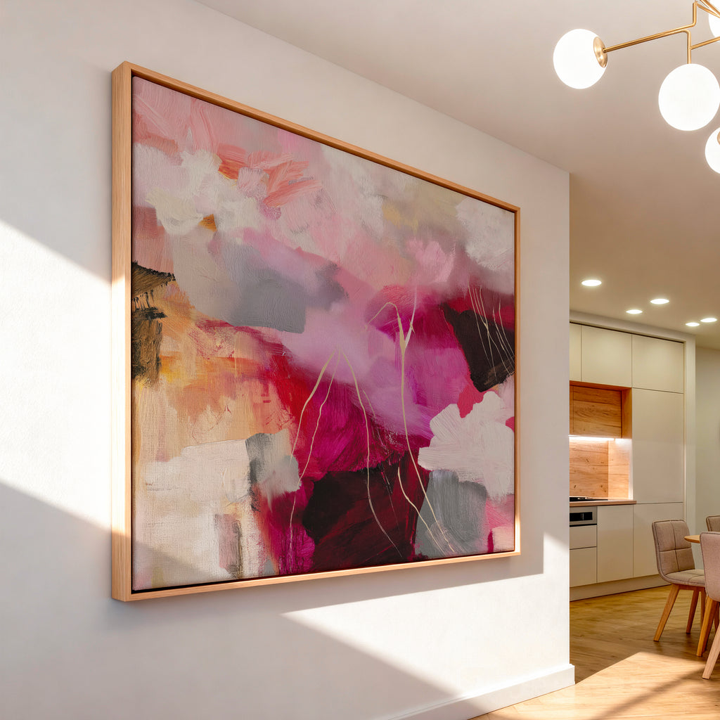 Framed Autumn Abstract Wall Art in a Modern Dining Room — Autumn Blush No. 514a in a light wood frame displayed in a modern dining area with warm, soft lighting.