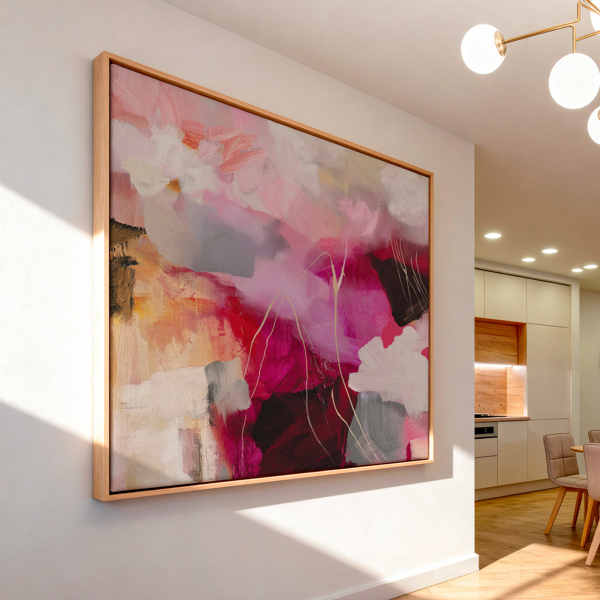 Framed Autumn Abstract Wall Art in a Modern Dining Room — Autumn Blush No. 514a in a light wood frame displayed in a modern dining area with warm, soft lighting.