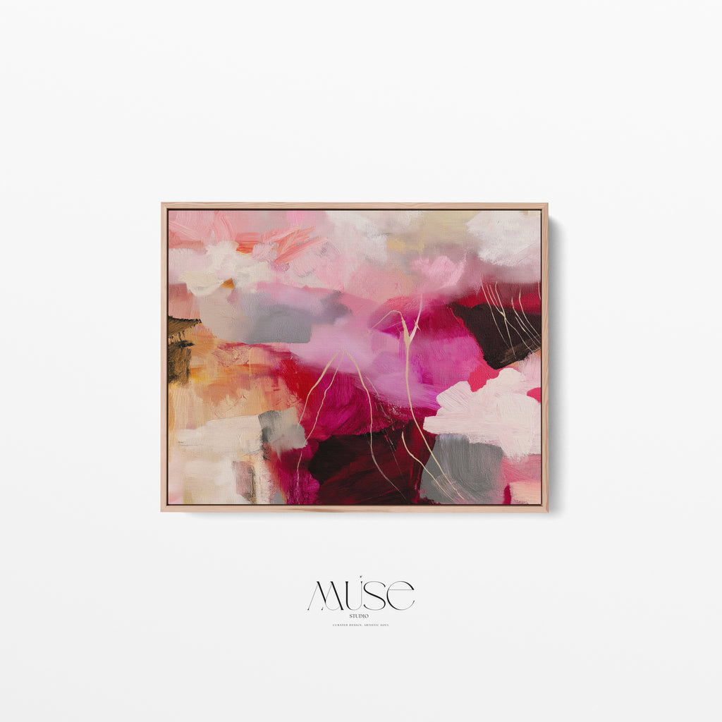 Framed Abstract Canvas Print, Front View — Straight-on view of Autumn Blush No. 514a in a slim light wood frame, showing its layered pink, burgundy, ochre, ivory, and gray brushstrokes.