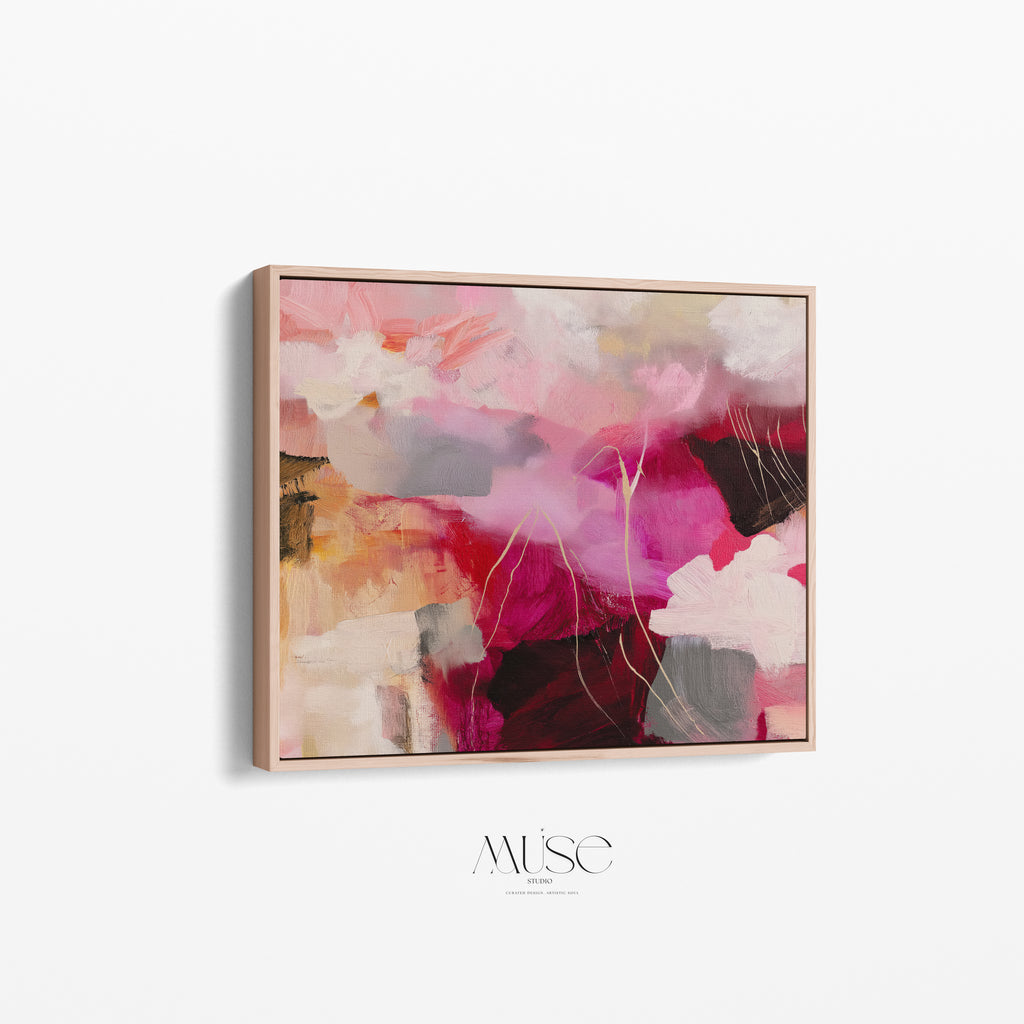 Framed Abstract Canvas Print, Angled View — Angled view of Autumn Blush No. 514a in a light wood frame, highlighting the canvas texture and frame depth.