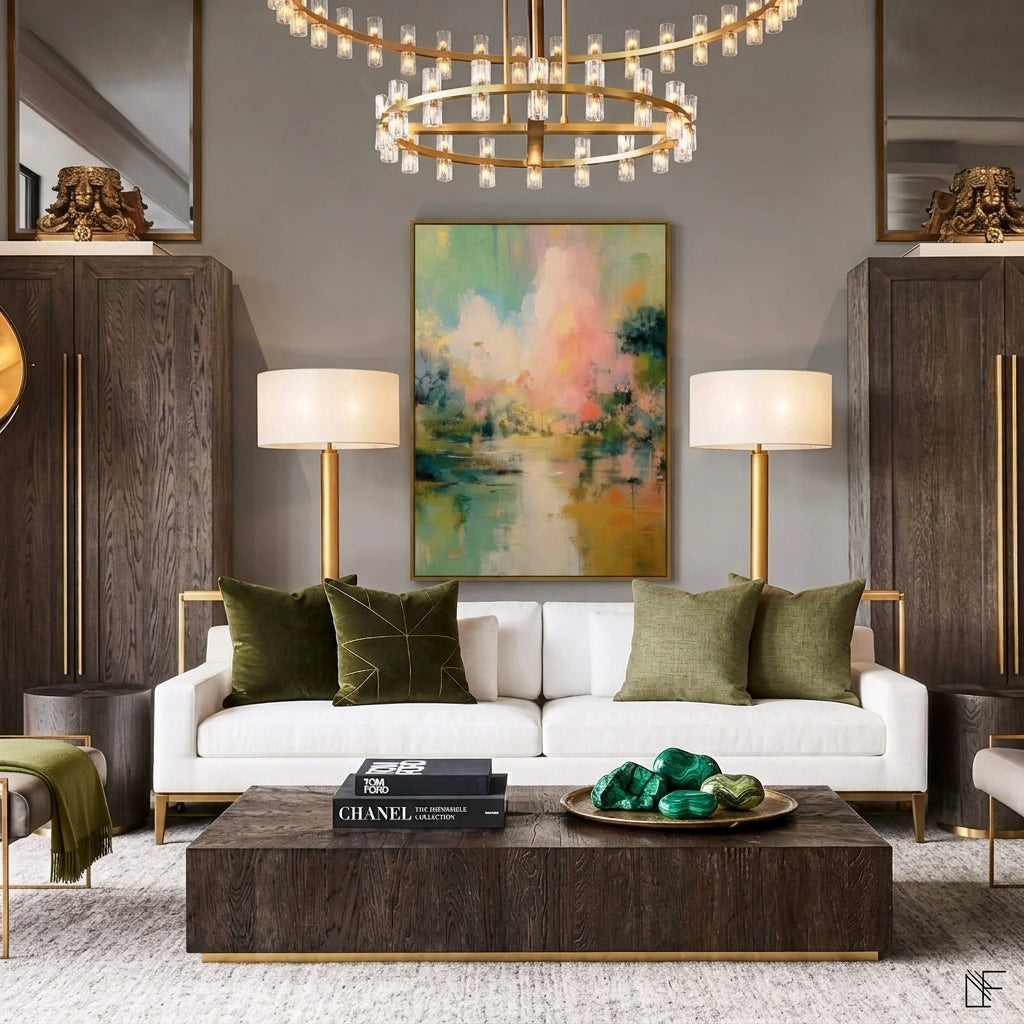 Large vertical abstract landscape print featuring soft pink cloudscapes, sage green, warm gold, and teal brushstrokes styled in a gold float frame above a white sofa.