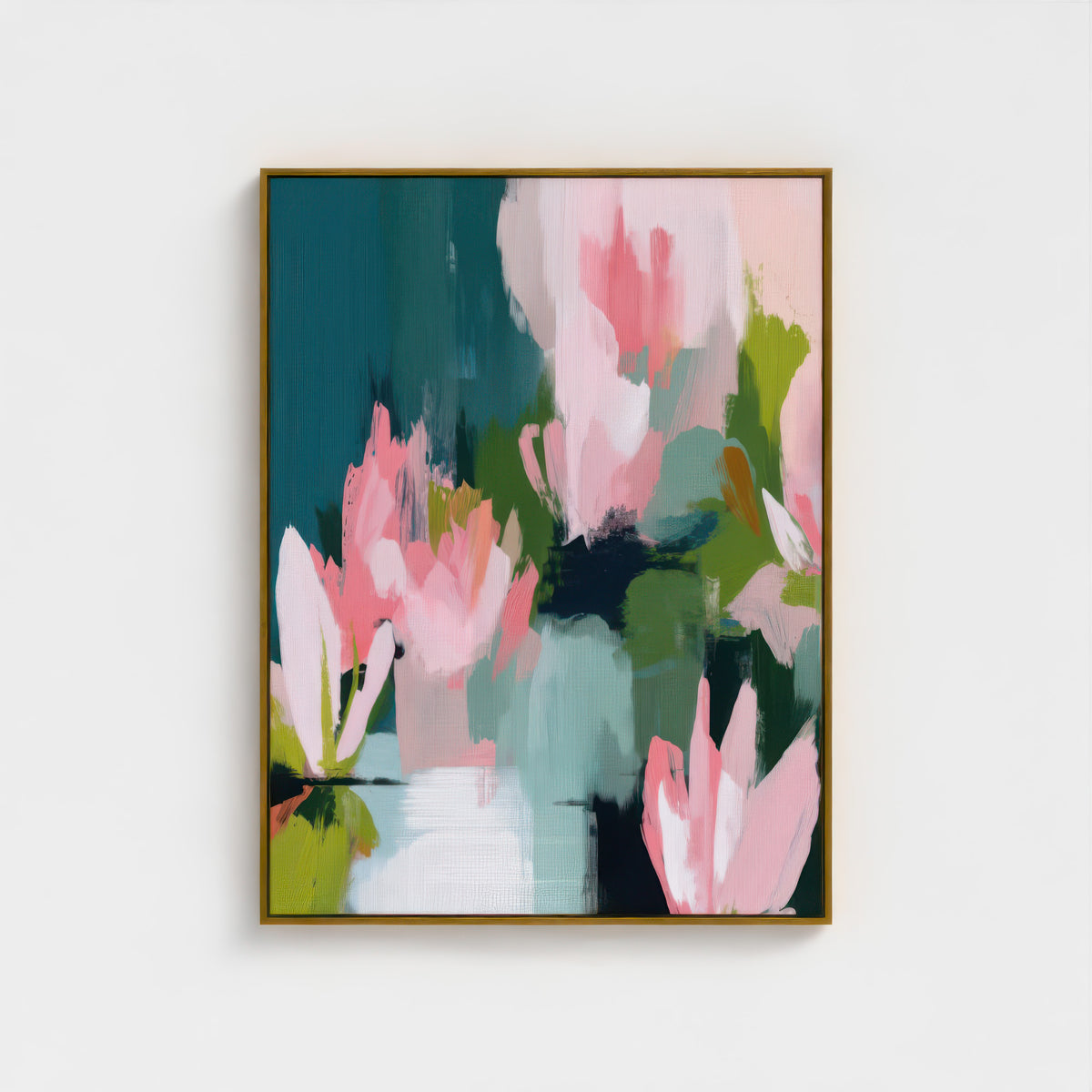 A vertical abstract botanical painting featuring expressive brushstrokes of blush pink, rose, lime green, and olive atop a deep teal background, encaged in a slender gold frame on a plain white studio background.