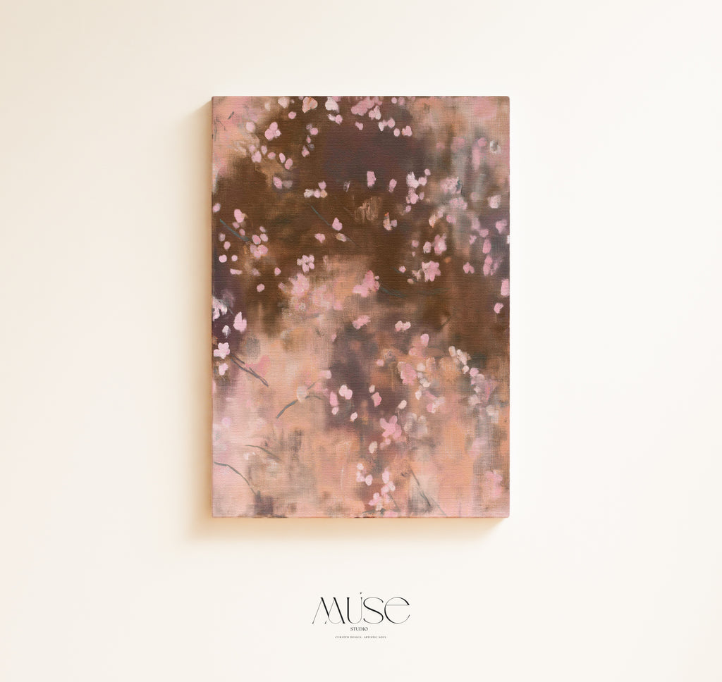 Earthy minimalist abstract gallery-wrapped stretched canvas featuring soft pink blossom petals against a warm cocoa brown background, titled Dawn Nocturne No. 1123.