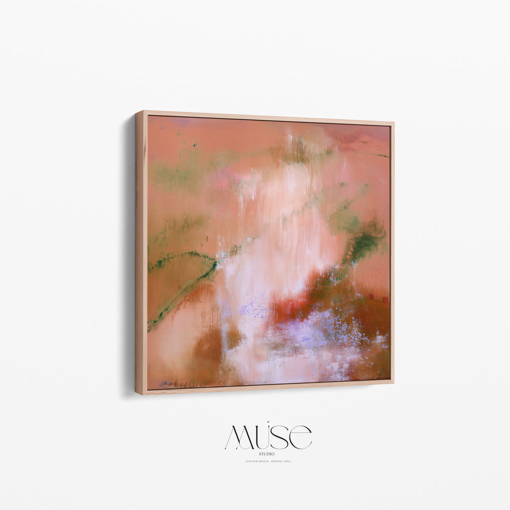 Side perspective view of Amber Petal square organic abstract canvas art in a natural oak floating frame, showcasing frame depth against a clean white wall.