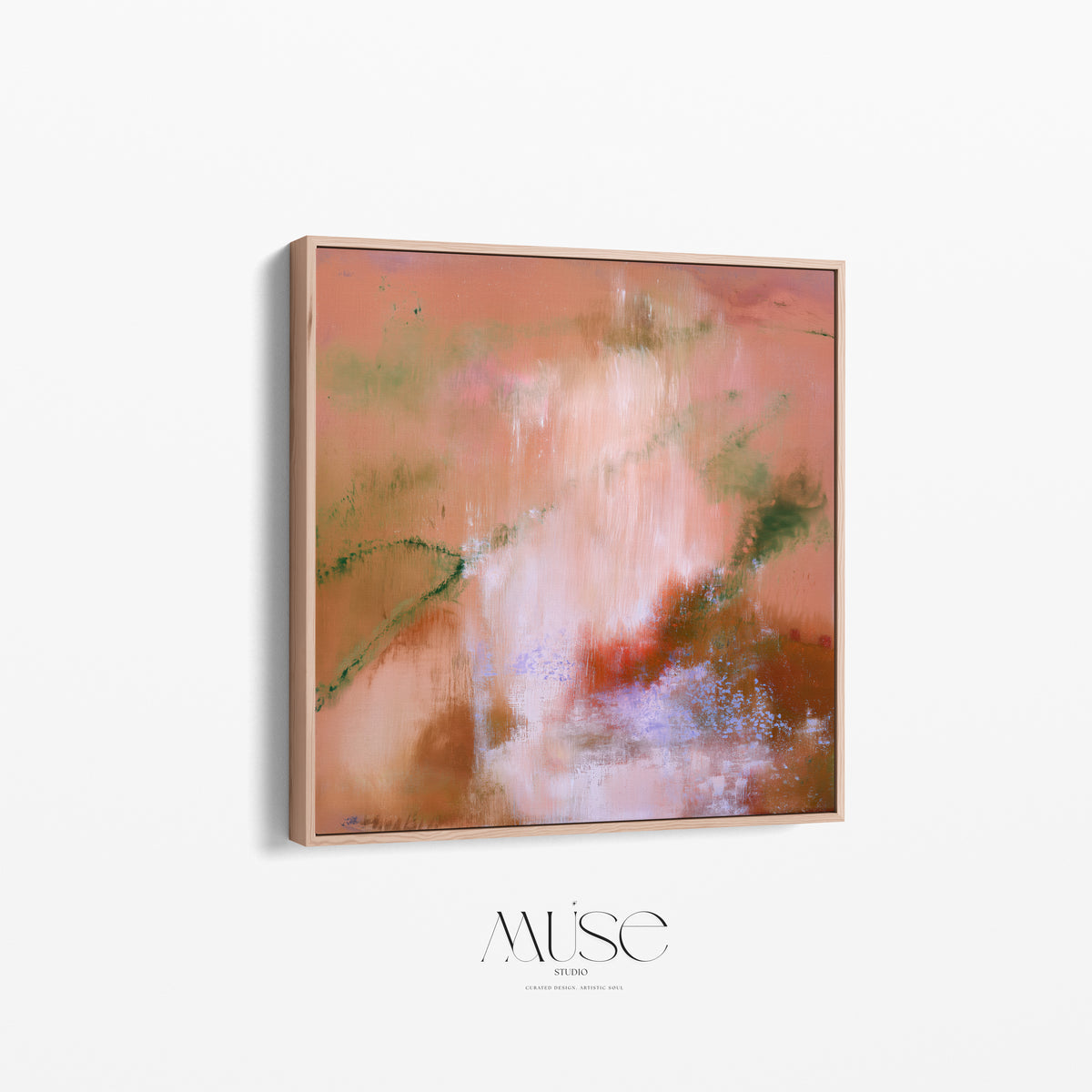 Side perspective view of Amber Petal square organic abstract canvas art in a natural oak floating frame, showcasing frame depth against a clean white wall.