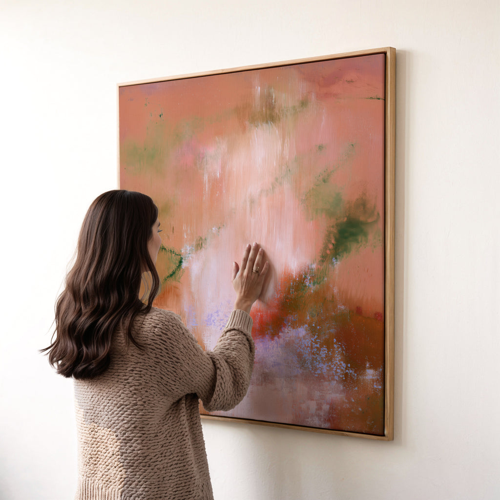 Woman in a knit sweater touching the rich tactile matte canvas texture of a framed square art print in a natural oak frame.