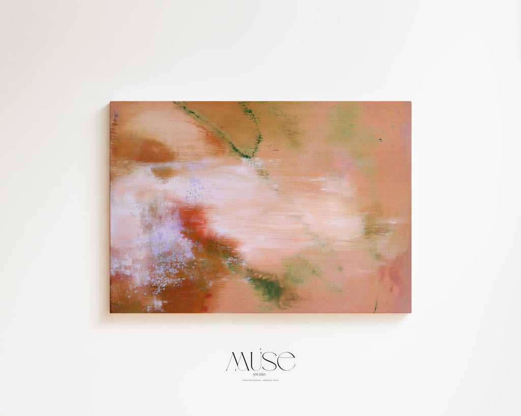Amber Petal terracotta and peach abstract canvas print centered on a clean white minimalist wall background.