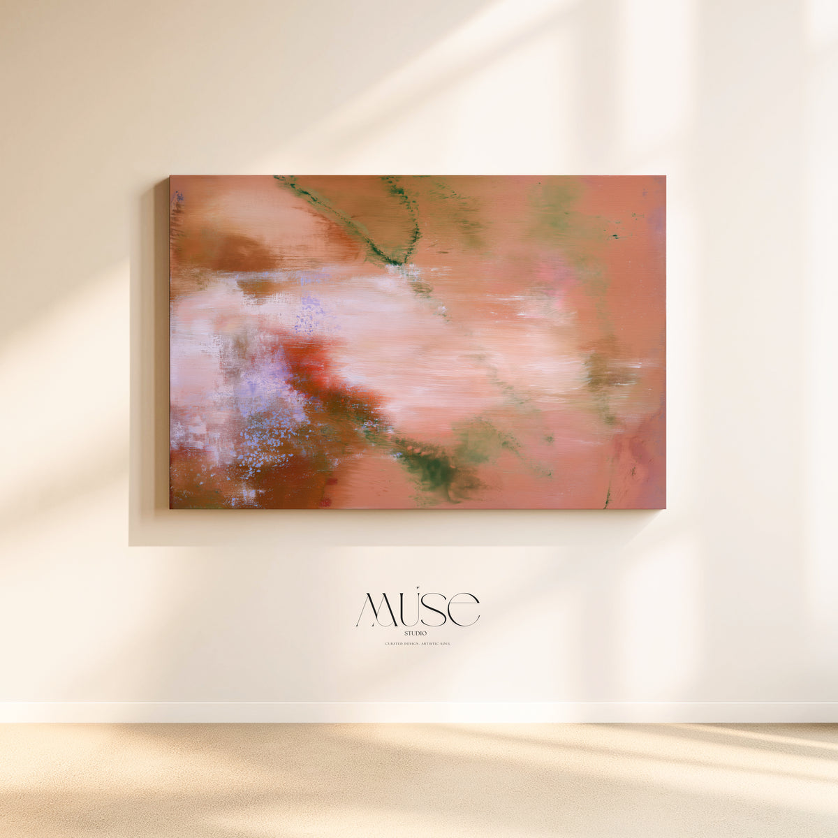 Amber Petal horizontal terracotta abstract wall art canvas mounted on a neutral cream wall highlighted by soft natural window sunlight shadows.