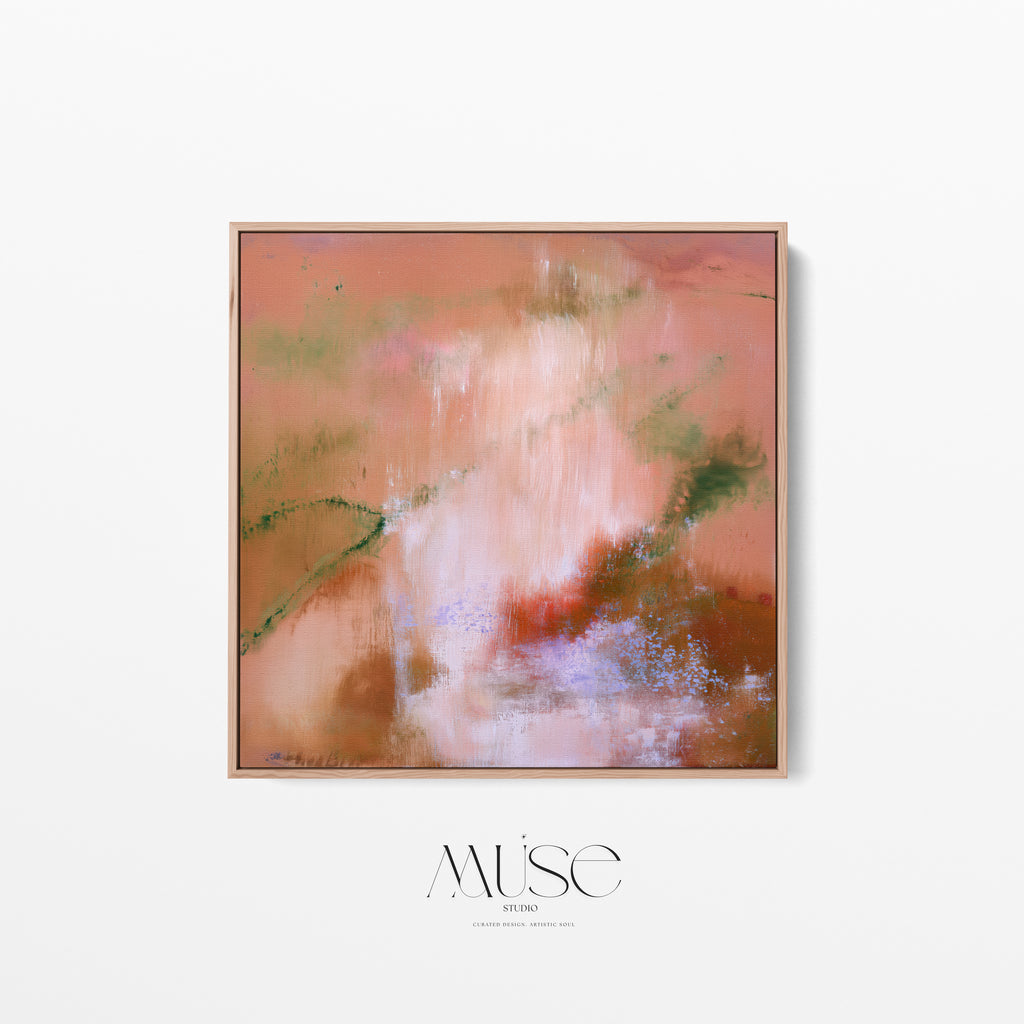 Front view of square framed canvas wall art featuring autumnal terracotta, soft peach, and moss green abstract tones in a natural oak frame.