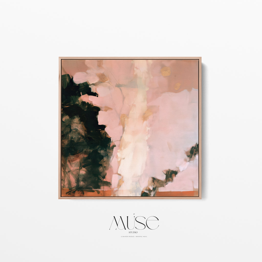 Straight-on front view of a square framed abstract canvas print showcasing soft pink brushstrokes, dark green mossy tones, and gold metallic accents against a clean white background.