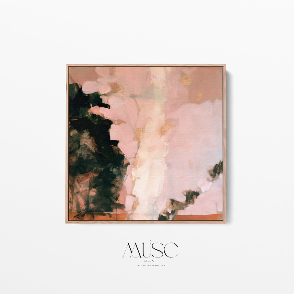 Straight-on front view of a square framed abstract canvas print showcasing soft pink brushstrokes, dark green mossy tones, and gold metallic accents against a clean white background.