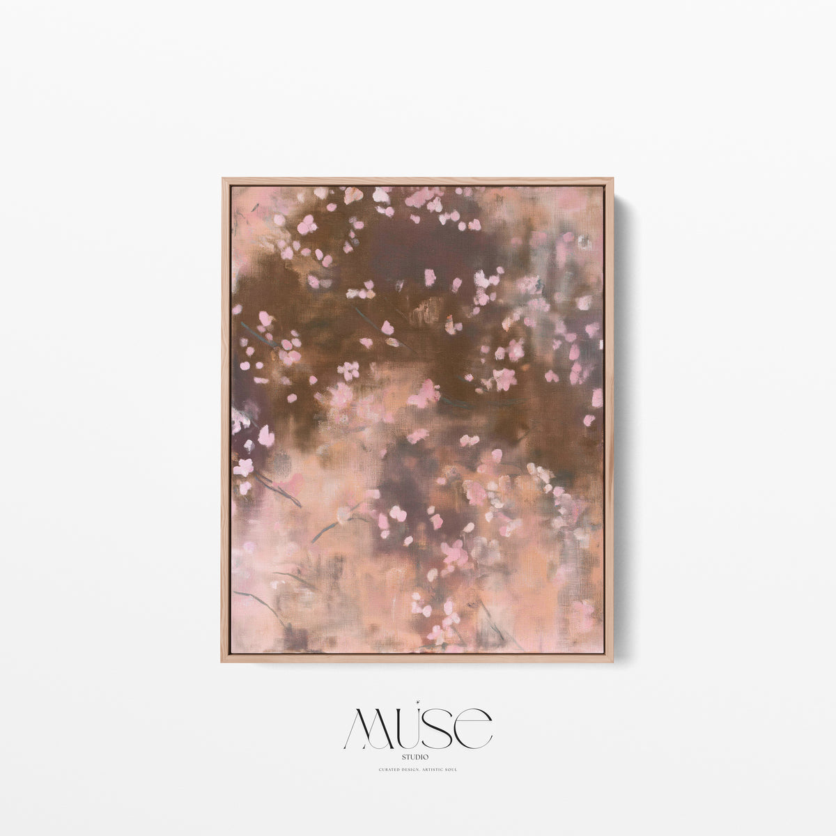 Straight-on front view of Dawn Nocturne No. 1123 vertical abstract botanical canvas, measuring 76.2x61 cm (30x24 in), displayed in a solid wood float frame with an archival matte cotton canvas finish for an elevated gallery look.