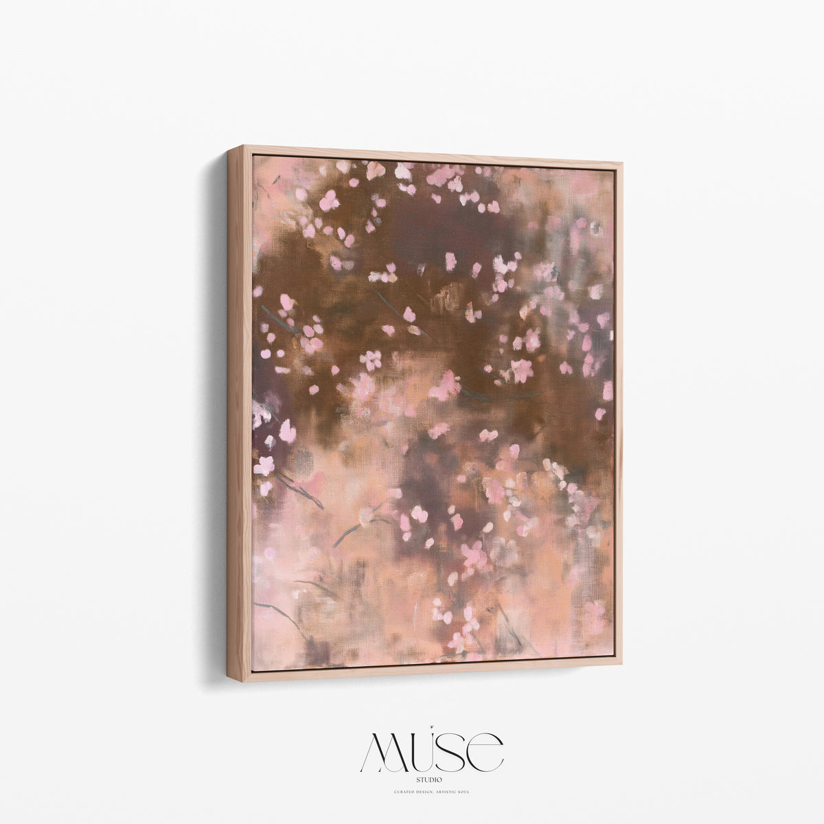Angled profile view of Dawn Nocturne No. 1123 vertical abstract canvas, measuring 76.2x61 cm (30x24 in), printed with museum-grade giclée inks on soft matte cotton canvas and custom framed in a solid wood float frame featuring a 0.5 in face width and a 0.2 in shadow gap.