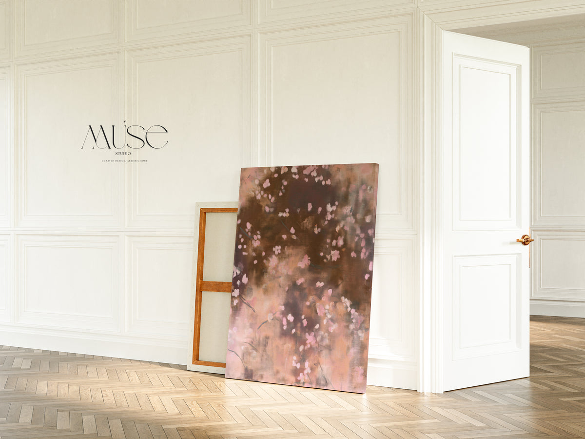 The Dawn Nocturne No. 1123 gallery-wrapped canvas leans against a white wall with classic boiserie molding on a herringbone wood floor in an elegant Parisian-style apartment.