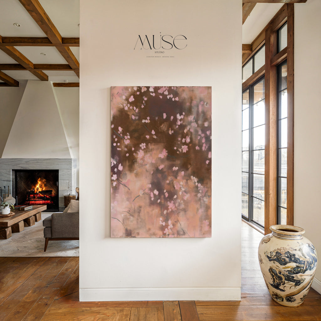 The Dawn Nocturne No. 1123 gallery-wrapped stretched canvas hangs centered on a wall in a luxurious entryway with a view into a living room with a fireplace.