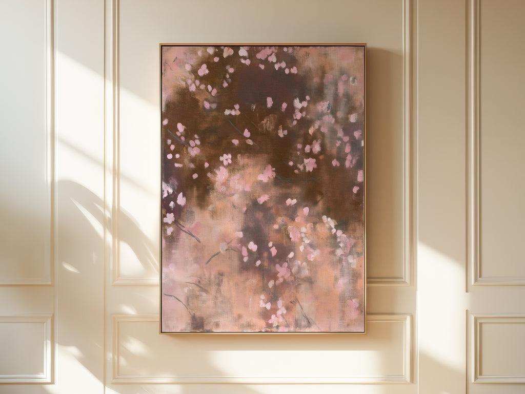 Extra-large vertical framed canvas print Dawn Nocturne No. 1123 mounted on a warm neutral wall with classic architectural wainscoting and natural sunlight.