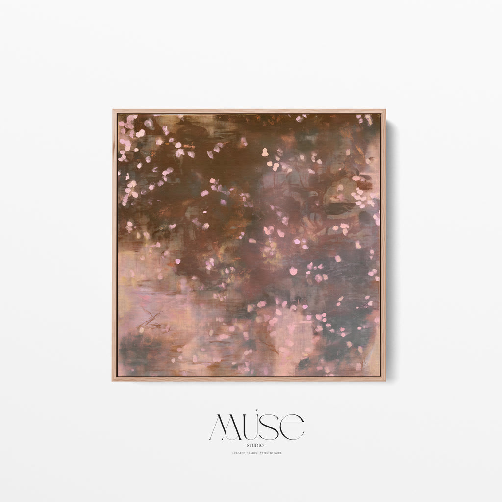 Framed square canvas art, earthy brown moody botanical print Oaken Petal No. 1124 centered on a warm neutral wall, showcasing the clean lines of the natural wood float frame
