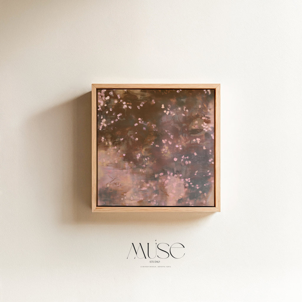 Framed square canvas art, earthy brown moody botanical print Oaken Petal No. 1124 centered on a warm neutral wall, showcasing the clean lines of the natural wood float frame