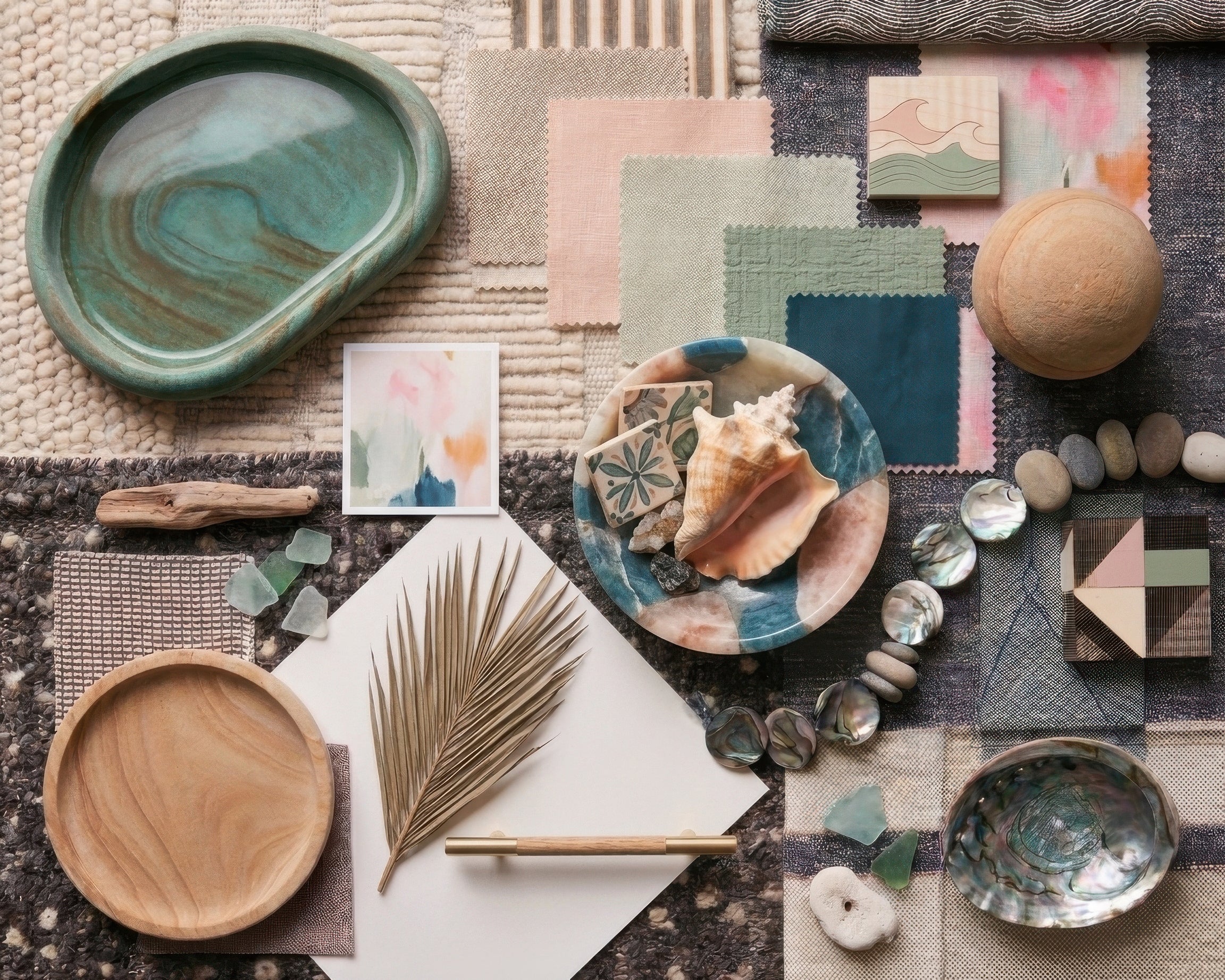 Interior designer mood board featuring organic beige stoneware, natural linen fabric swatches, dried palm leaf, and sea glass accents on a textured woven rug.