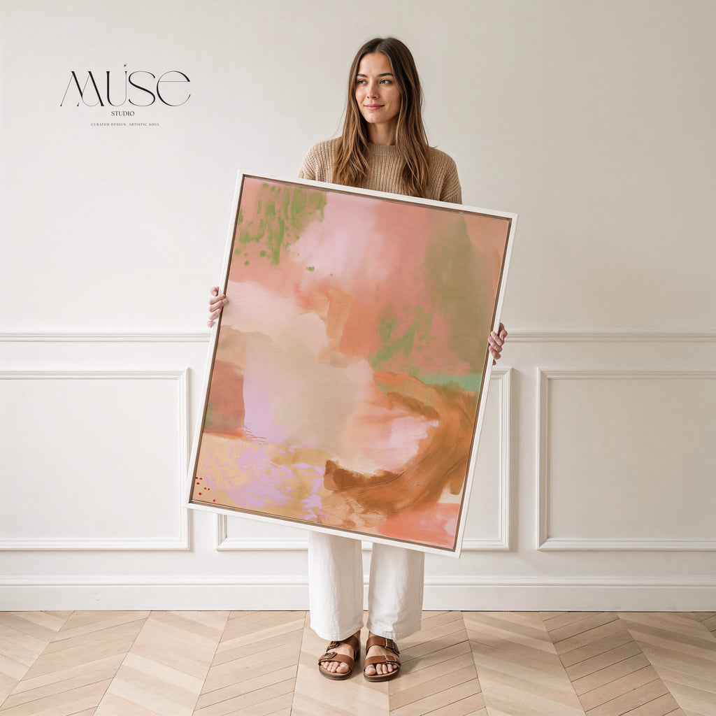 Abstract Canvas Print, Soft Minimalist Pink and Green Wall Art, Warm Meadow Decor - Gilded Meadow No. 1128