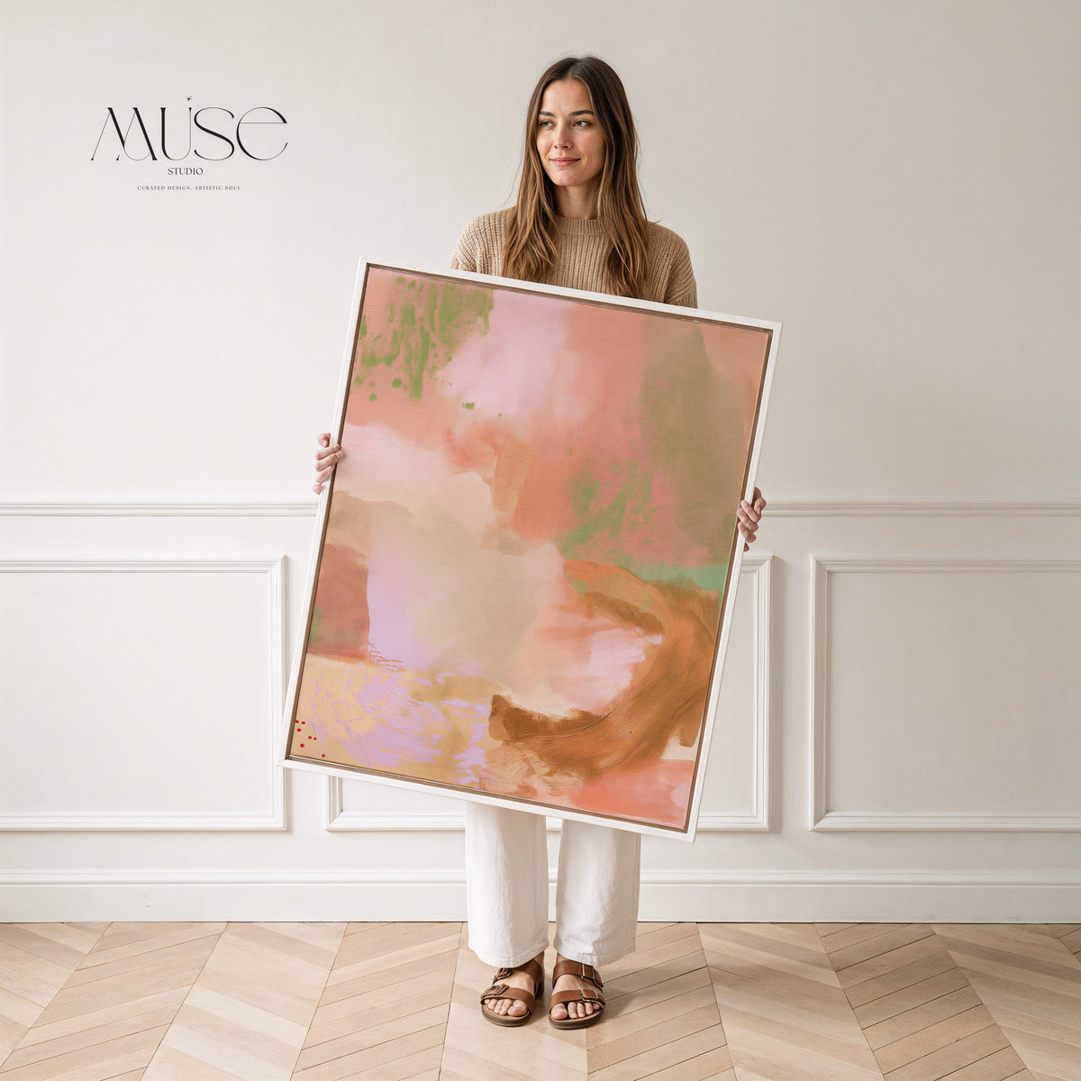 Abstract Canvas Print, Soft Minimalist Pink and Green Wall Art, Warm Meadow Decor - Gilded Meadow No. 1128