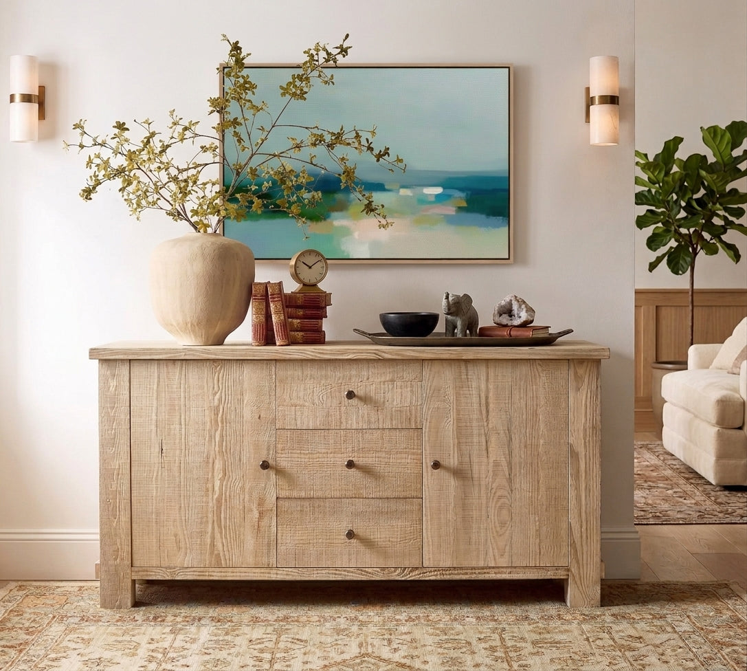 A horizontal, rectangular framed abstract painting, showcasing a tranquil coastal-inspired landscape rendered in soft, muted tones of teal, green, soft blue, and pale peach-beige, presented in a clean, light-wood floating frame. The colors (teal, muted blues, pale sand) and abstract nature are perfect for a sophisticated beach house or a coastal-themed home.