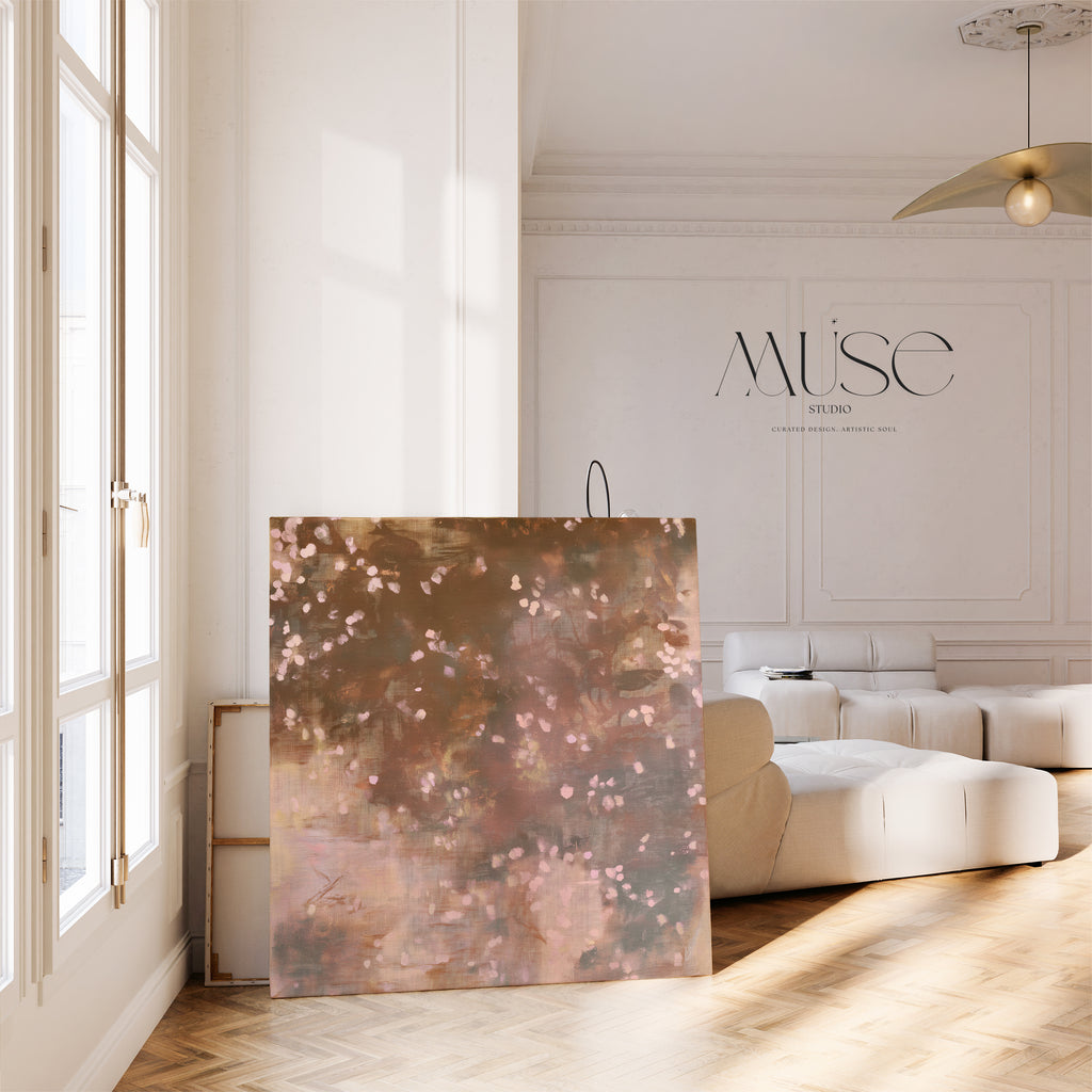 Square canvas wall art, earthy brown moody botanical print Oaken Petal No. 1124 showcased on a light neutral wall next to a modern minimalist seating area
